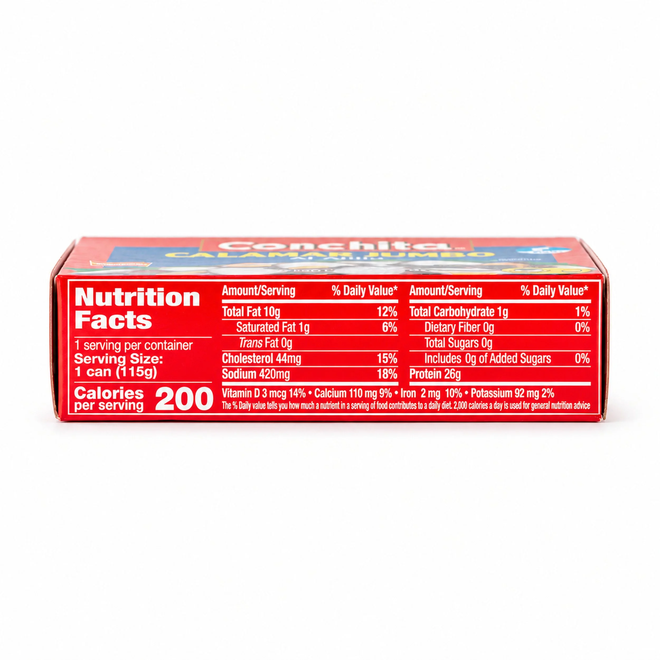 Conchita Giant Calamari in Garlic Sauce (Calamar Jumbo al Ajillo) 4 oz box, nutrition facts side view