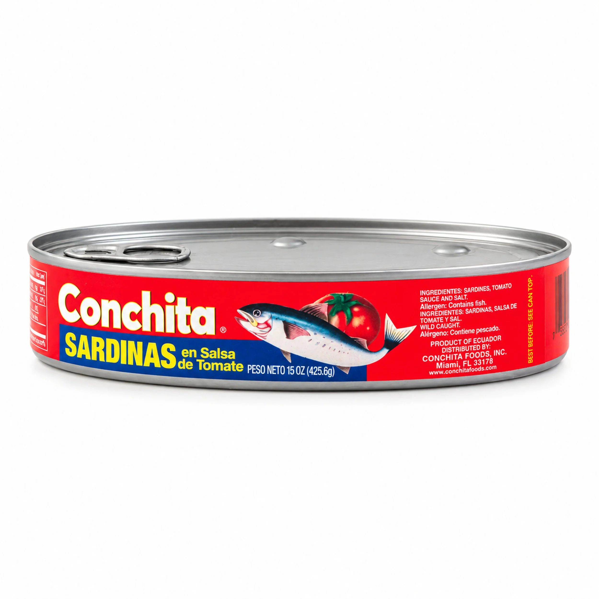 Conchita Sardines in Tomato Sauce (Sardinas en Tomate) 15 oz oval can, back label view