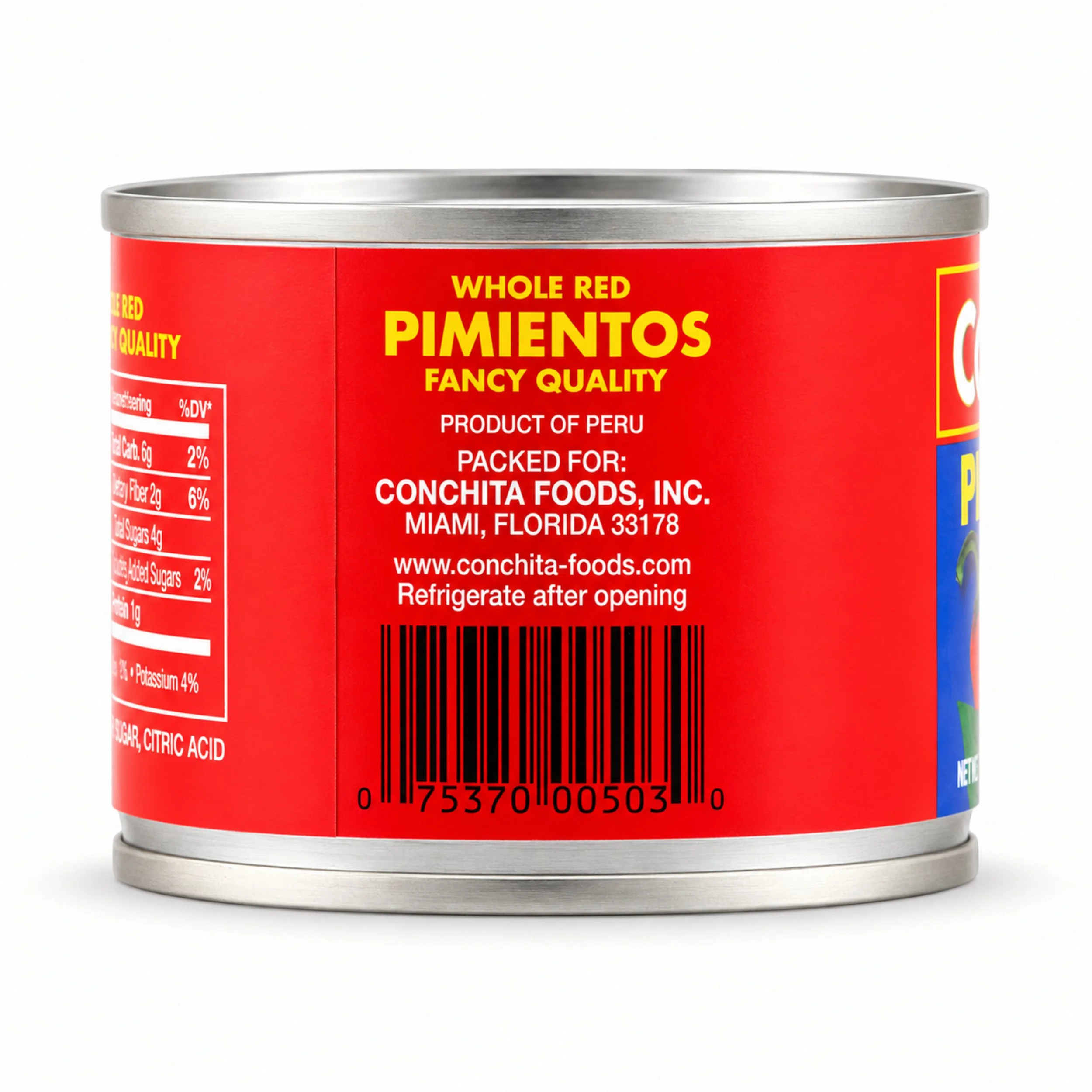 Conchita Fancy Whole Red Pimientos (Pimentos) 7 oz can, back label with nutrition facts