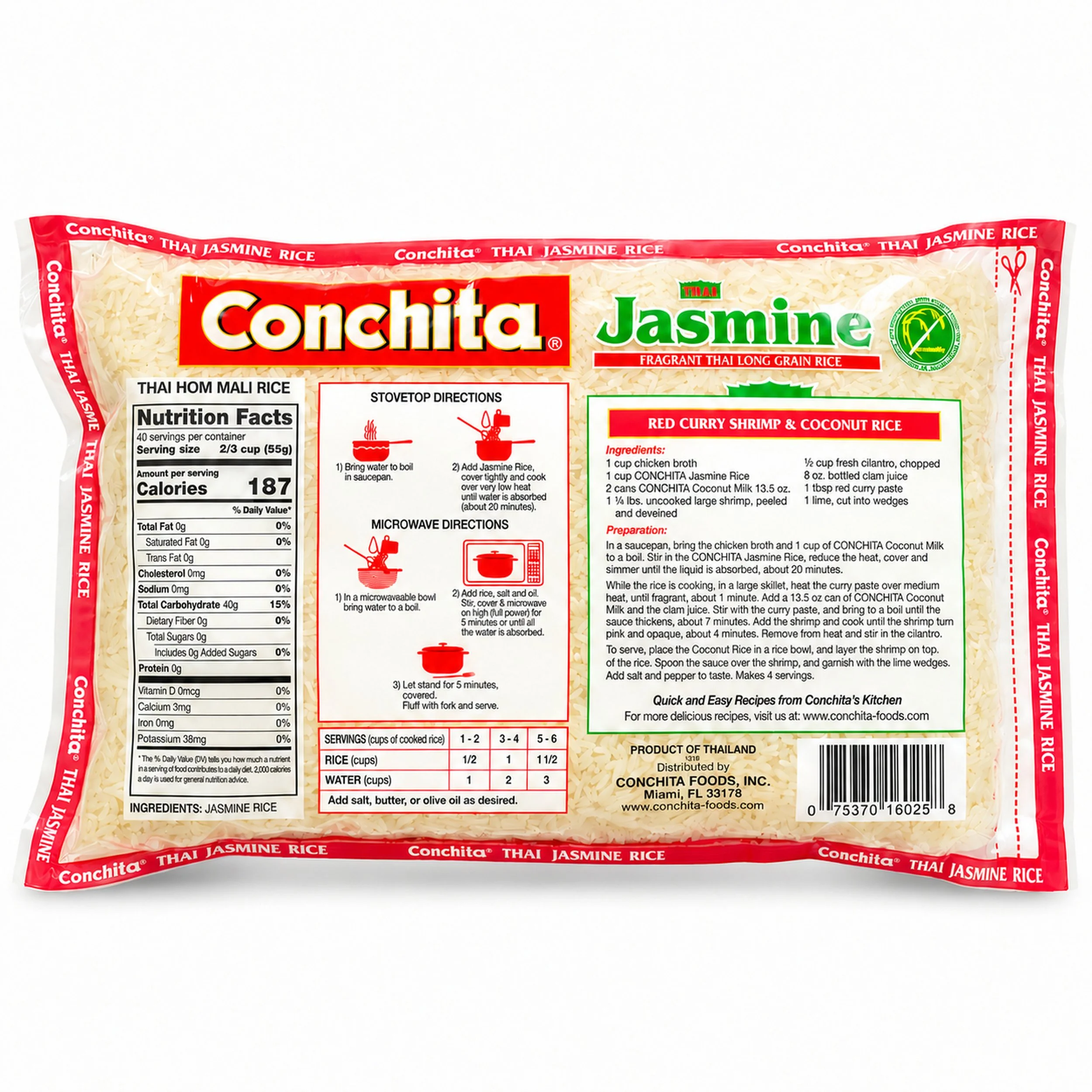 Conchita Thai Jasmine Rice (Arroz Jazmín) 10 lb bag, back label view