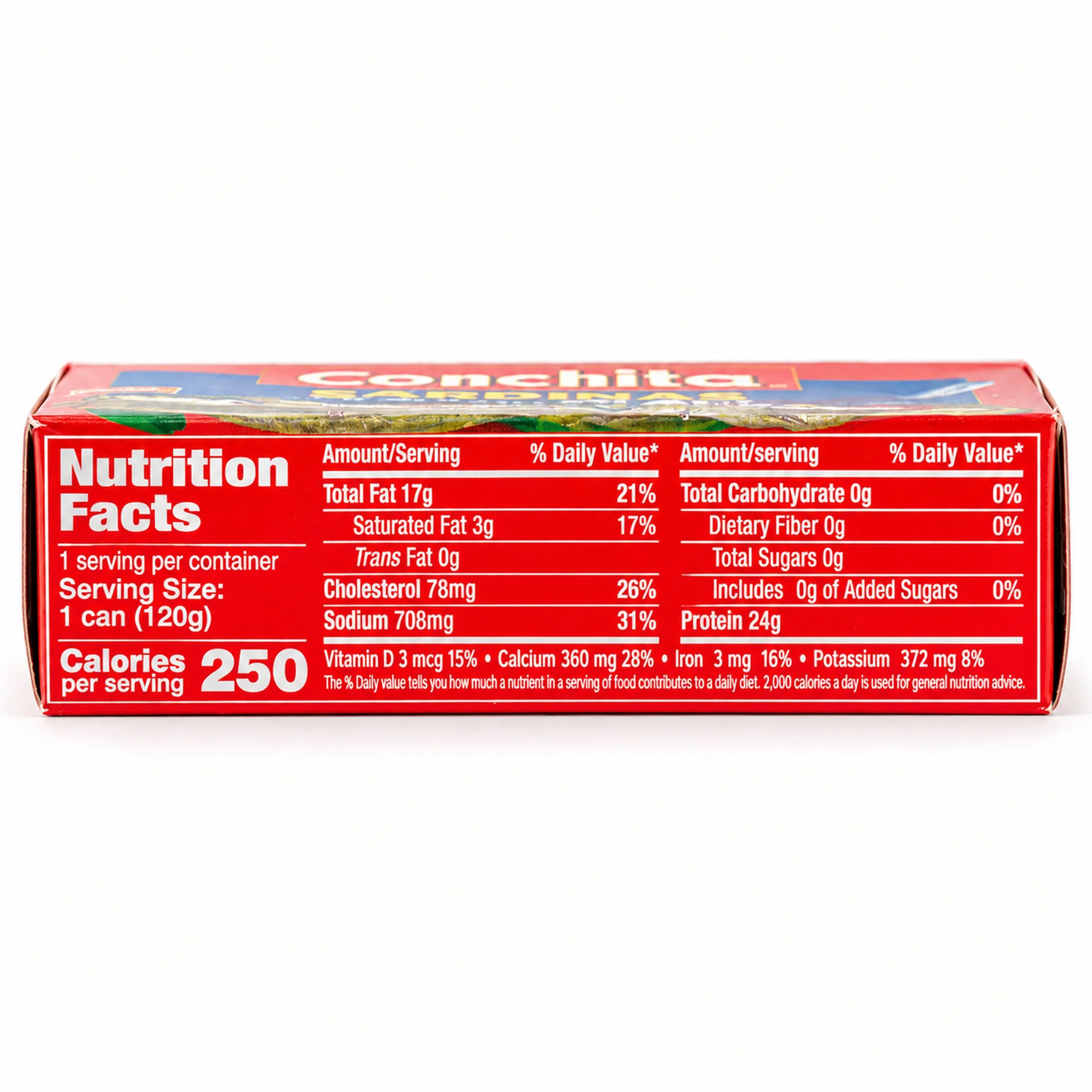 Conchita Sardines in Sunflower Oil (Sardinas en Aceite de Girasol) 4 oz box, nutrition facts side view