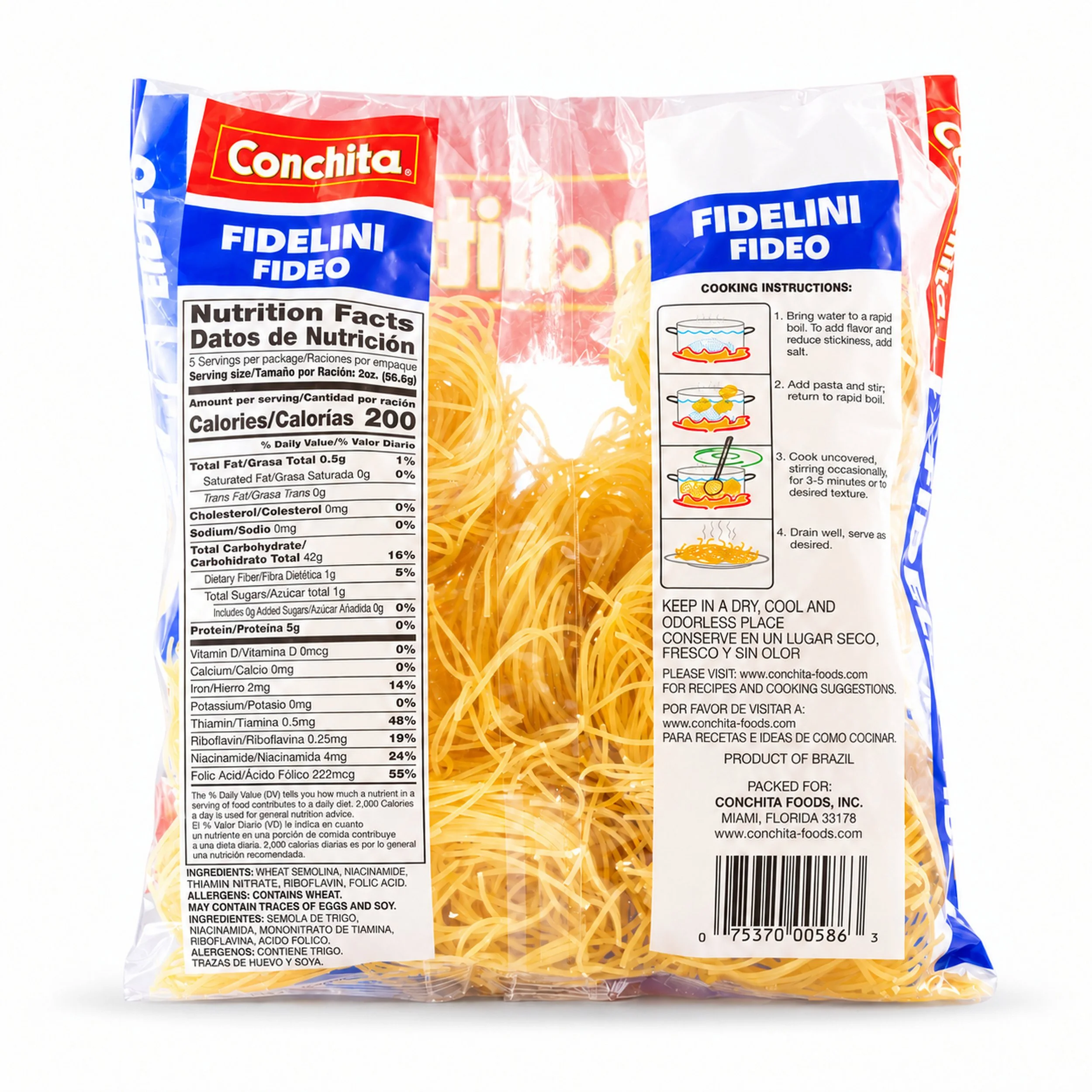 Conchita Fidelini Pasta (Fideo) 10 oz bag, back label view