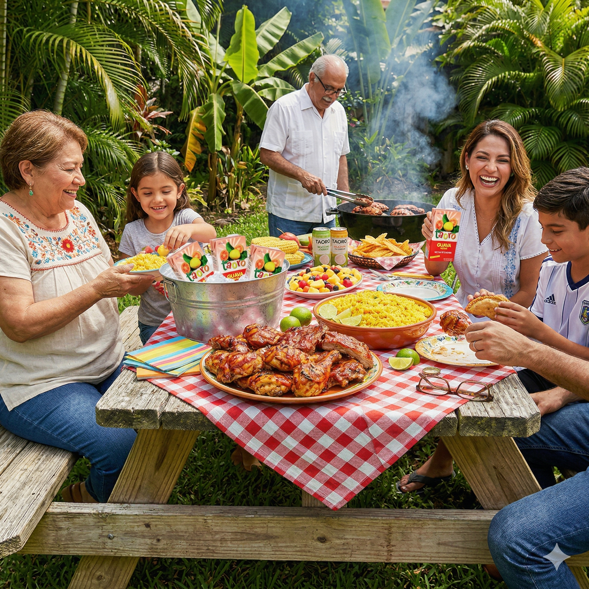 Family enjoying a backyard cookout at a picnic table with grilled chicken, yellow rice and nectar juice boxeFamily enjoying a backyard cookout at a picnic table with grilled chicken, yellow rice and Conchita nectar boxes on a red checkered tablecloth