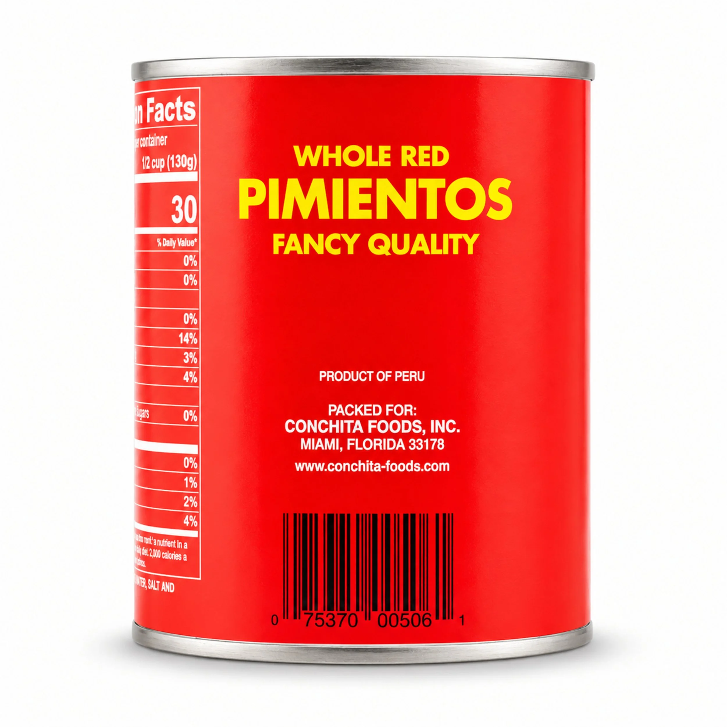 Conchita Fancy Whole Red Pimientos (Pimentos) 28 oz can, back label with nutrition facts