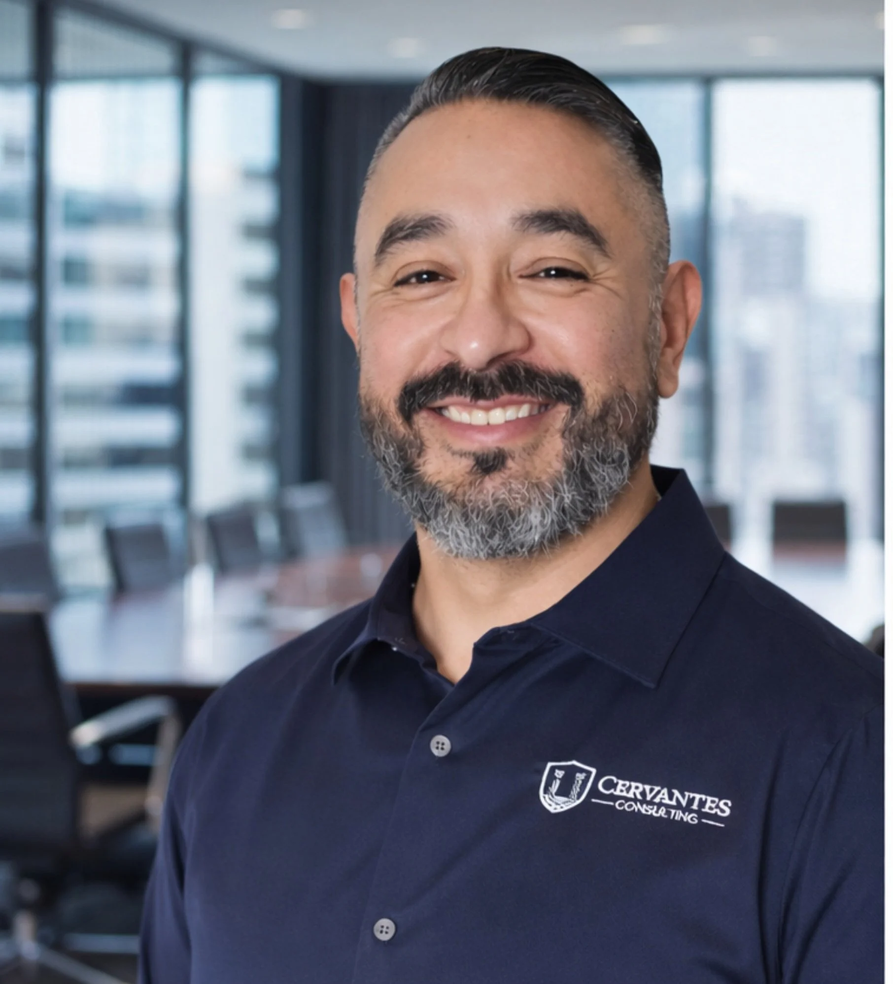 A smiling man with a beard and shaved hairstyle, wearing a dark blue shirt with a logo that reads 'CERVANTES CONSULTING', in a modern office with large windows and city buildings in the background.