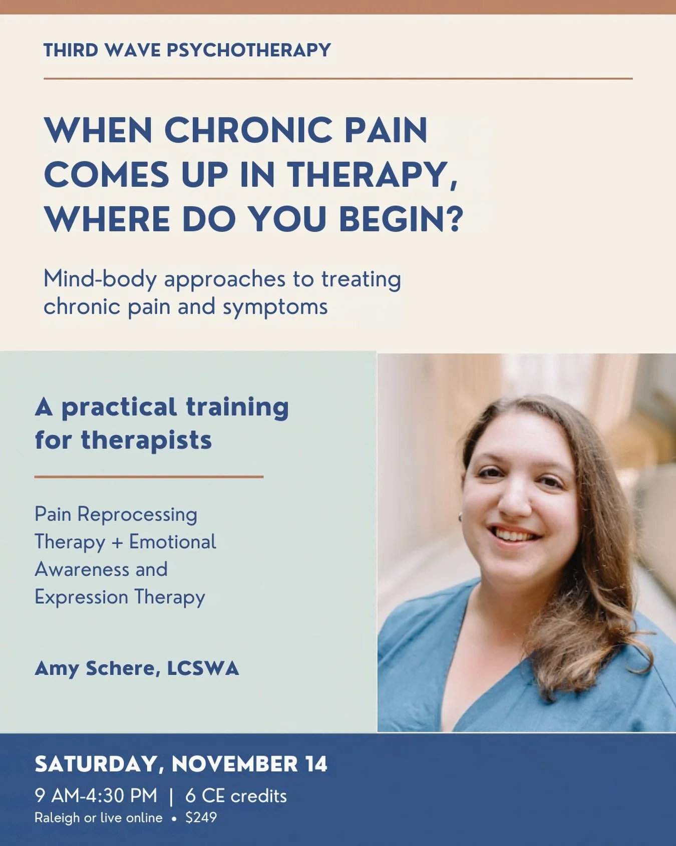 When chronic pain comes up in therapy, knowing where to begin can be the hardest part.

Join Amy Schere, LCSWA for a practical, full-day training on using Pain Reprocessing Therapy and Emotional Awareness and Expression Therapy with clients experienc