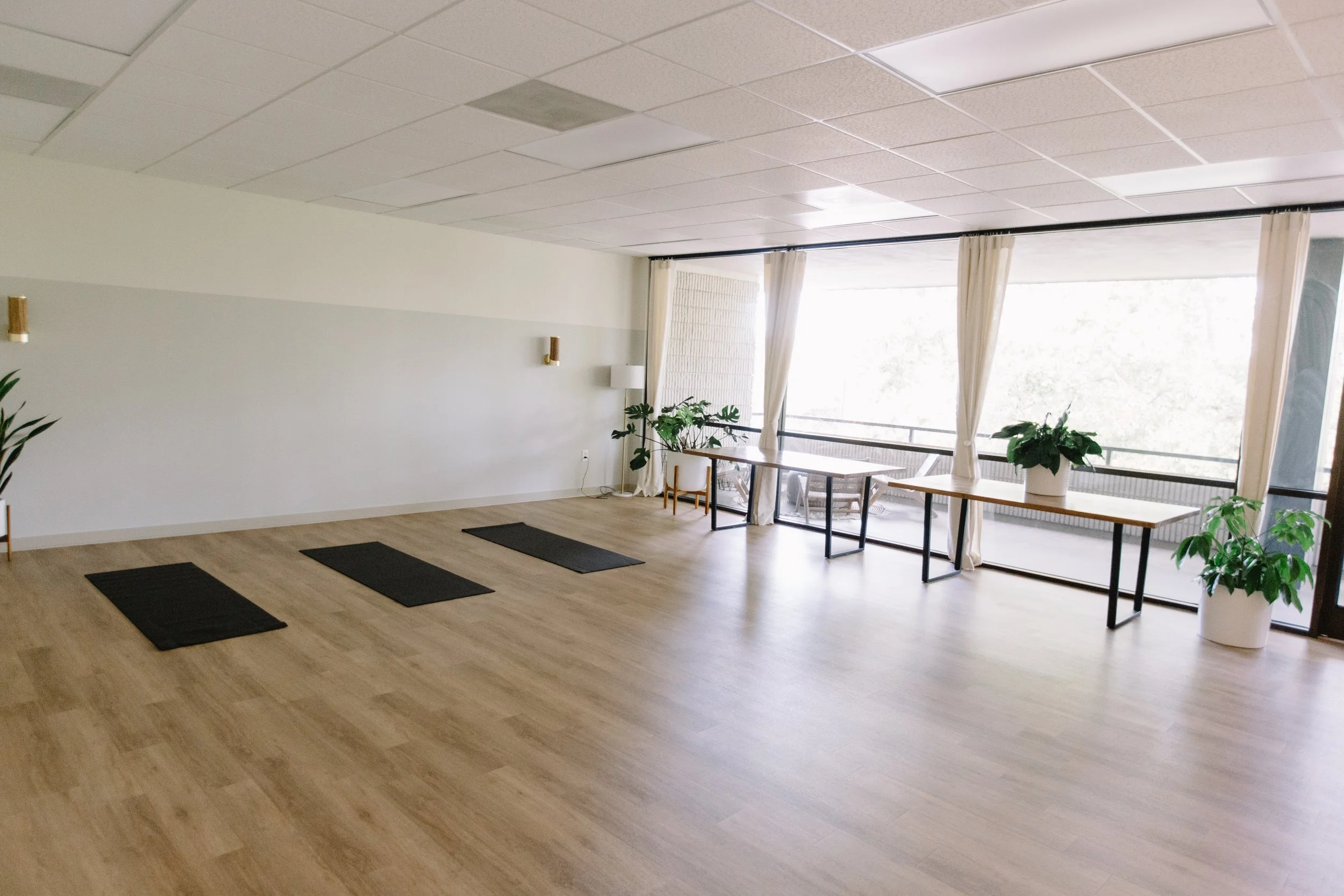 An empty room with wooden flooring, three yoga mats placed on the floor, large windows with white curtains, and potted plants near the windows.
