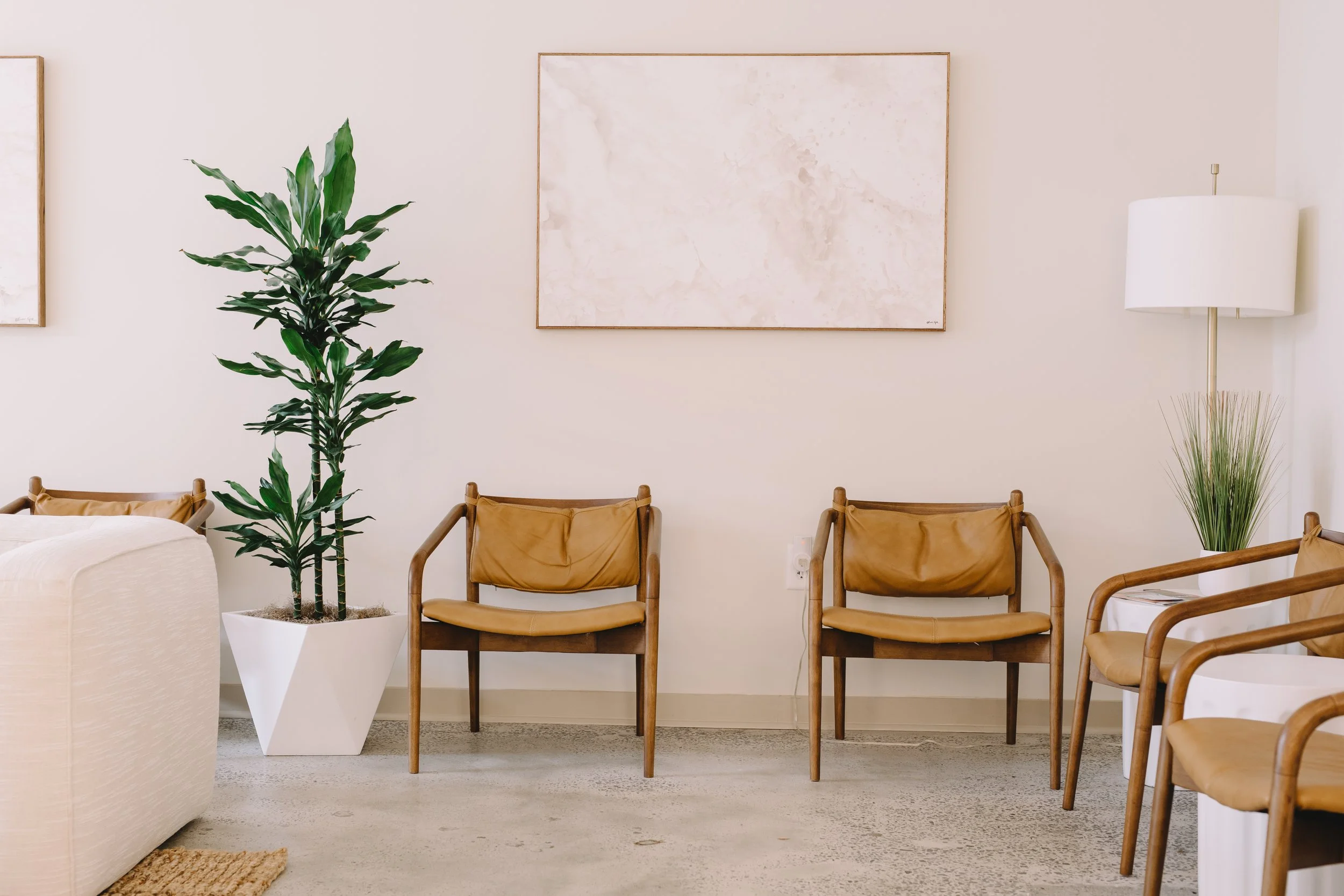 A modern interior waiting area with beige chairs, a tall potted plant, and minimalistic artwork on the wall.