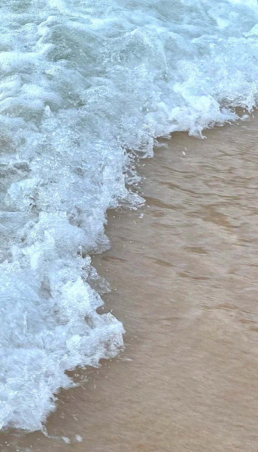 Close-up view of ocean waves washing over sandy shore.