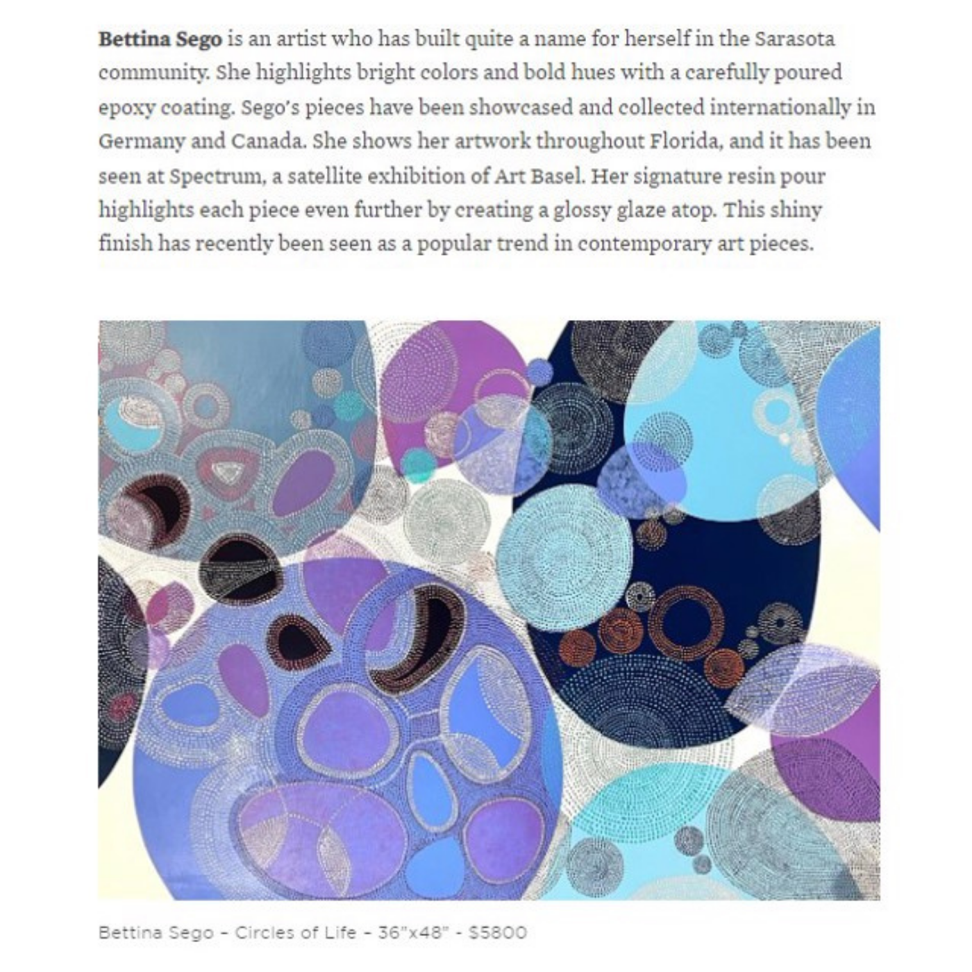 Colorful abstract artwork featuring interconnected circles and ovals in shades of blue, purple, black, gray, and red, creating a dynamic pattern.