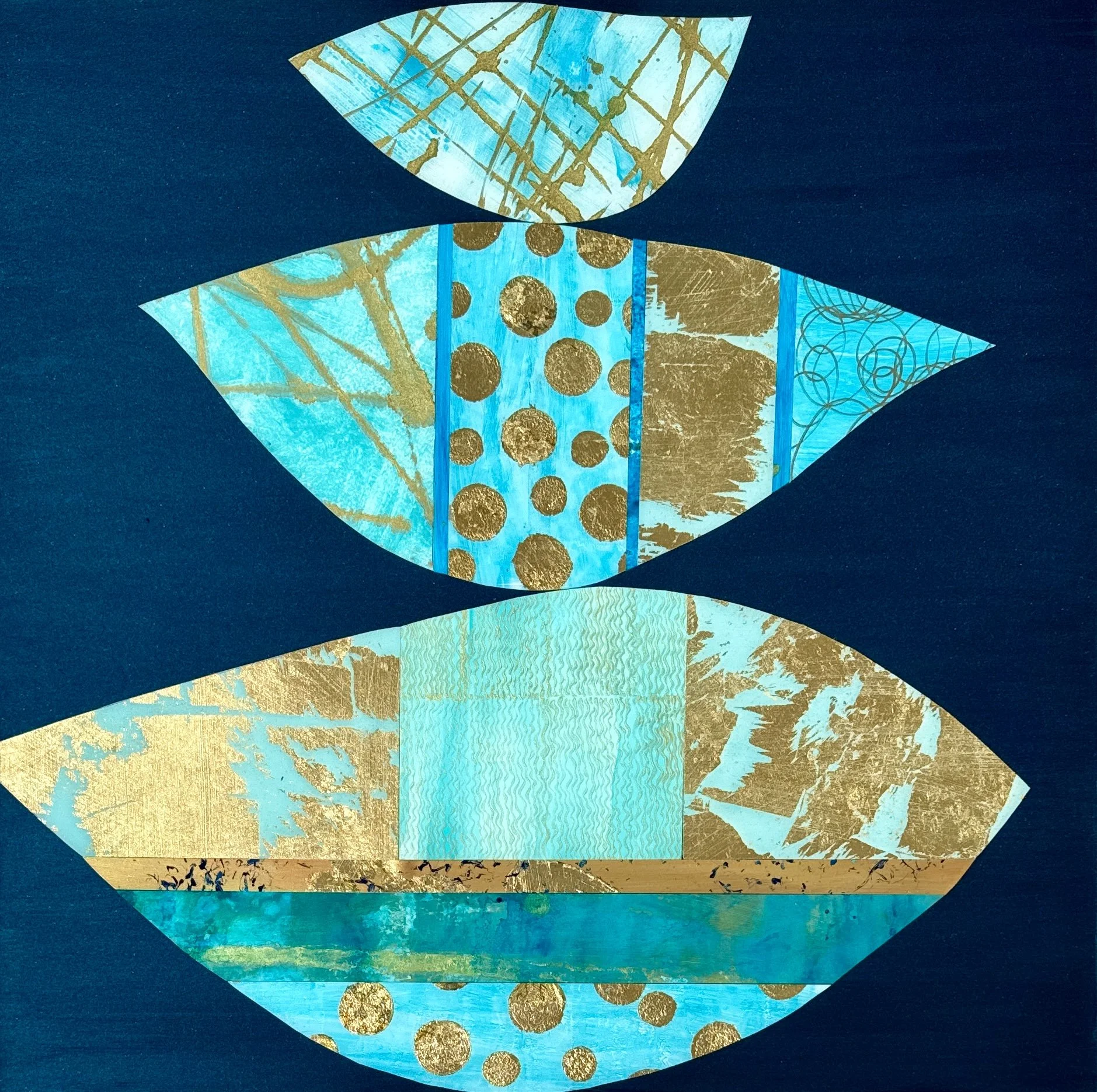 Abstract collage of geometric shapes with gold accents and blue textured backgrounds on a dark blue background.