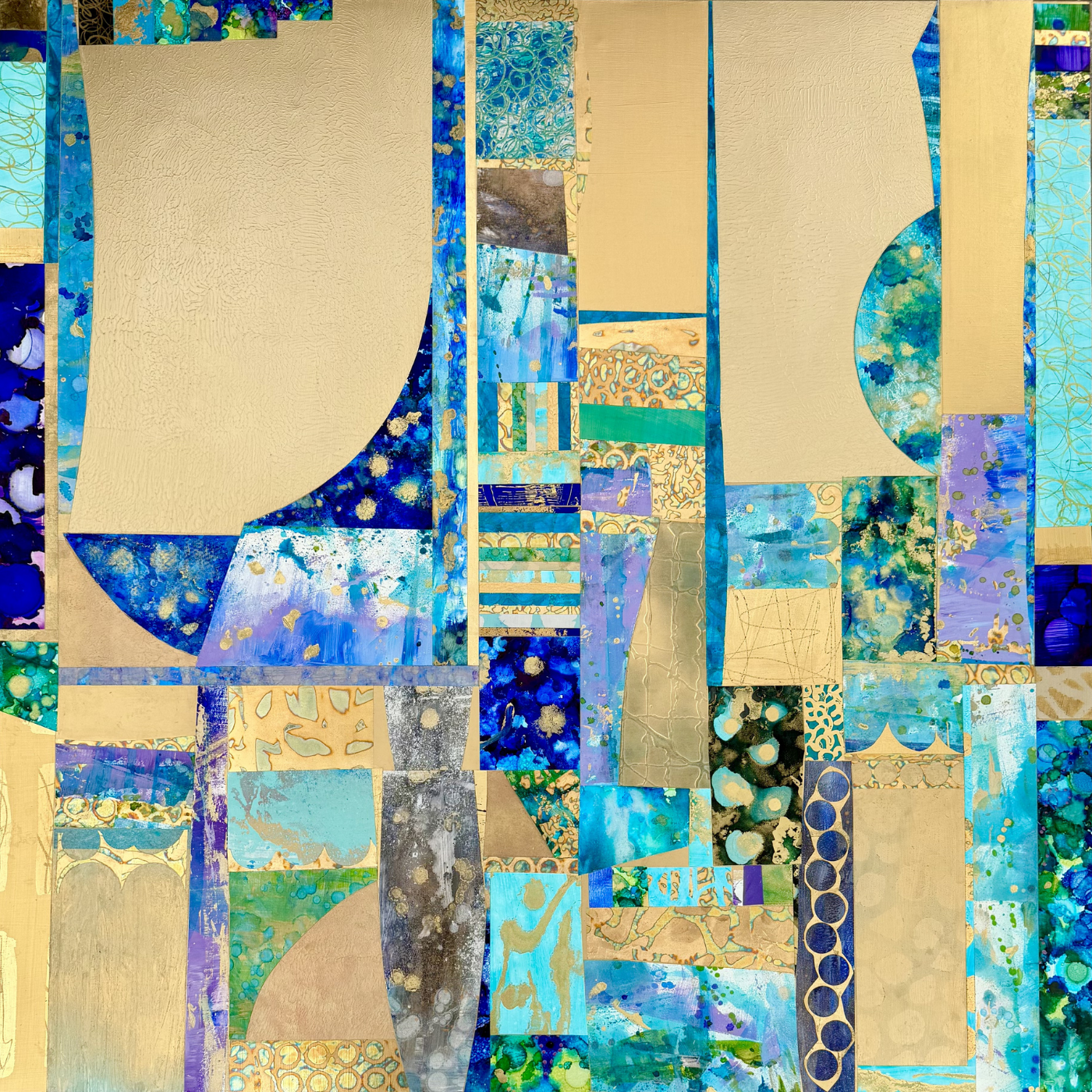 Reflection in Gold and Blue, 36x36, MM and Gold Leaf on Board, $5,200