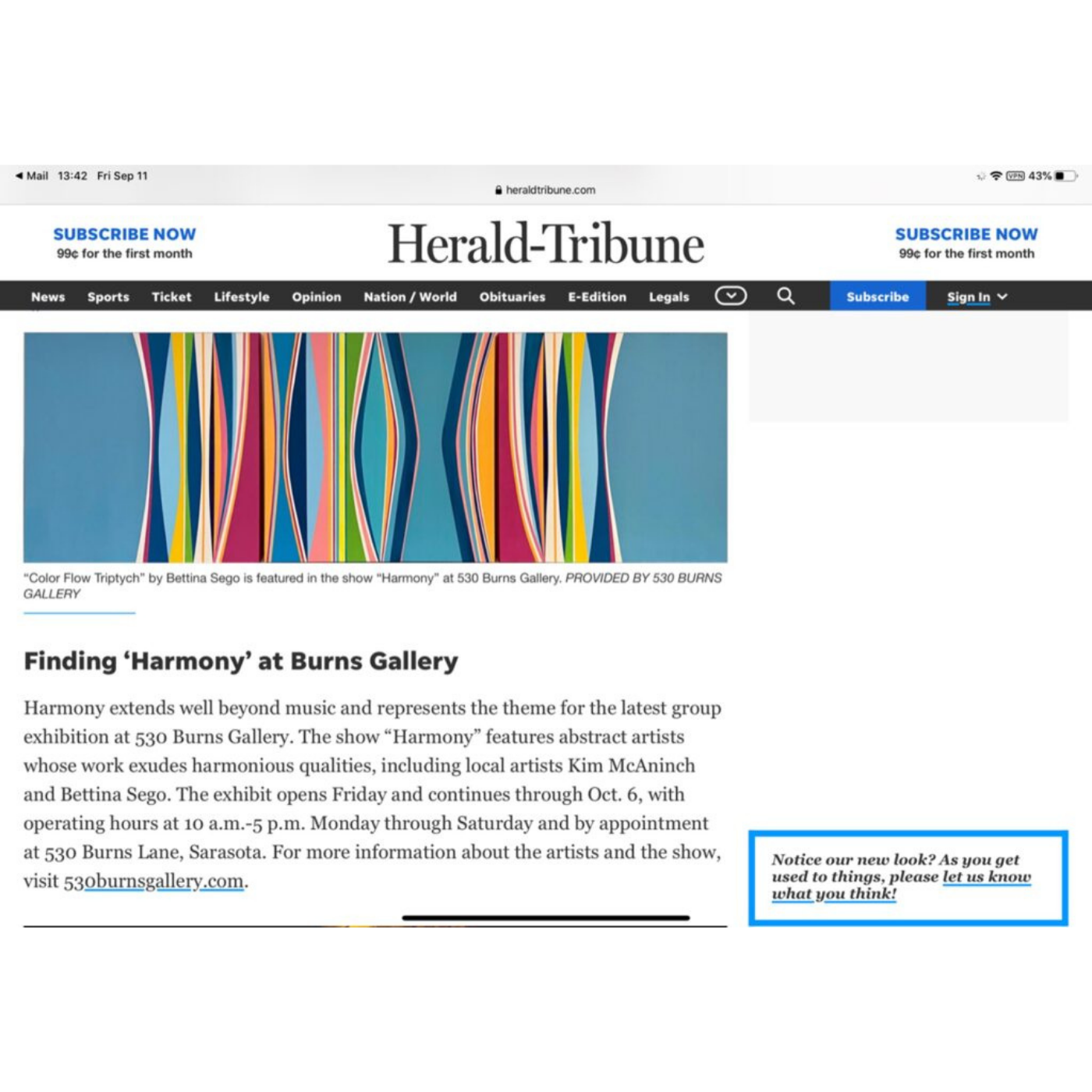 Screenshot of a webpage from the Herald-Tribune featuring an art exhibit titled 'Harmony' at 530 Burns Gallery, showcasing an abstract colorful artwork titled 'Color Flow Triptych' by Bettina Sego.