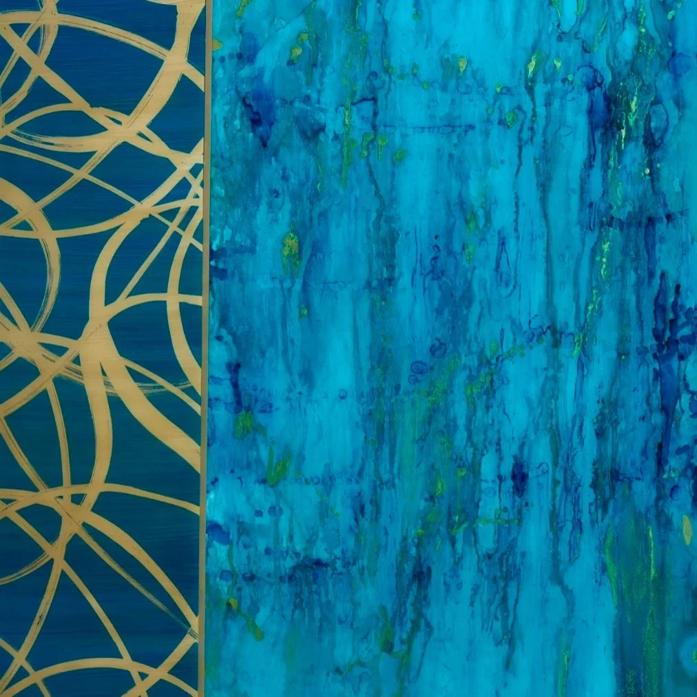 &ldquo;Waterfall&rdquo; (30&rdquo; x 24&rdquo;)
Layers of blues and subtle greens create a flowing, vertical movement in this piece, paired with a panel of gold lines for contrast. It&rsquo;s inspired by the calming motion of falling water. The piece