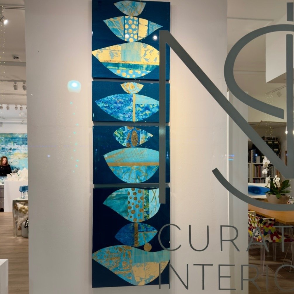 Here is &ldquo;Zen&rdquo; on display at Burns Gallery.
It&rsquo;s a tall, quiet piece made from my own collage papers, layered with blues and golds. Always nice to see the work out in the world.
#abstractart #mixedmediaartist #artdisplay #floridaarti