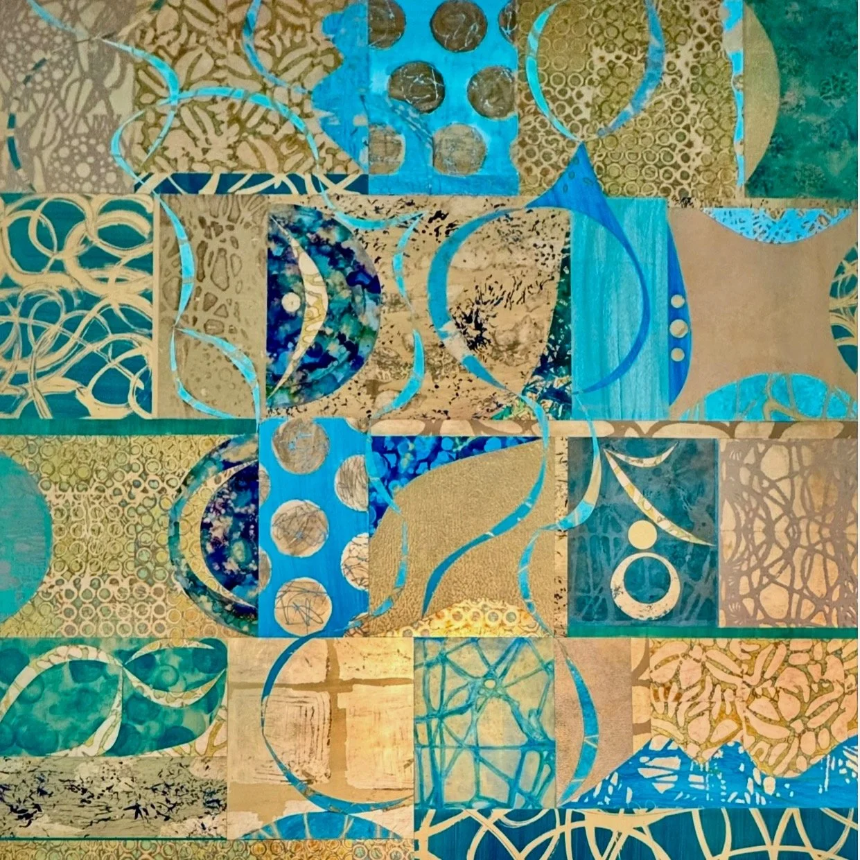 &ldquo;Memories of Egypt&rdquo;
47&rdquo; x 47&rdquo; &bull; Mixed media with gold leaf &bull; Resin finish
There are places that stay with you long after you&rsquo;ve left them, and for me, Egypt is one of those places. The rhythms of ancient patter