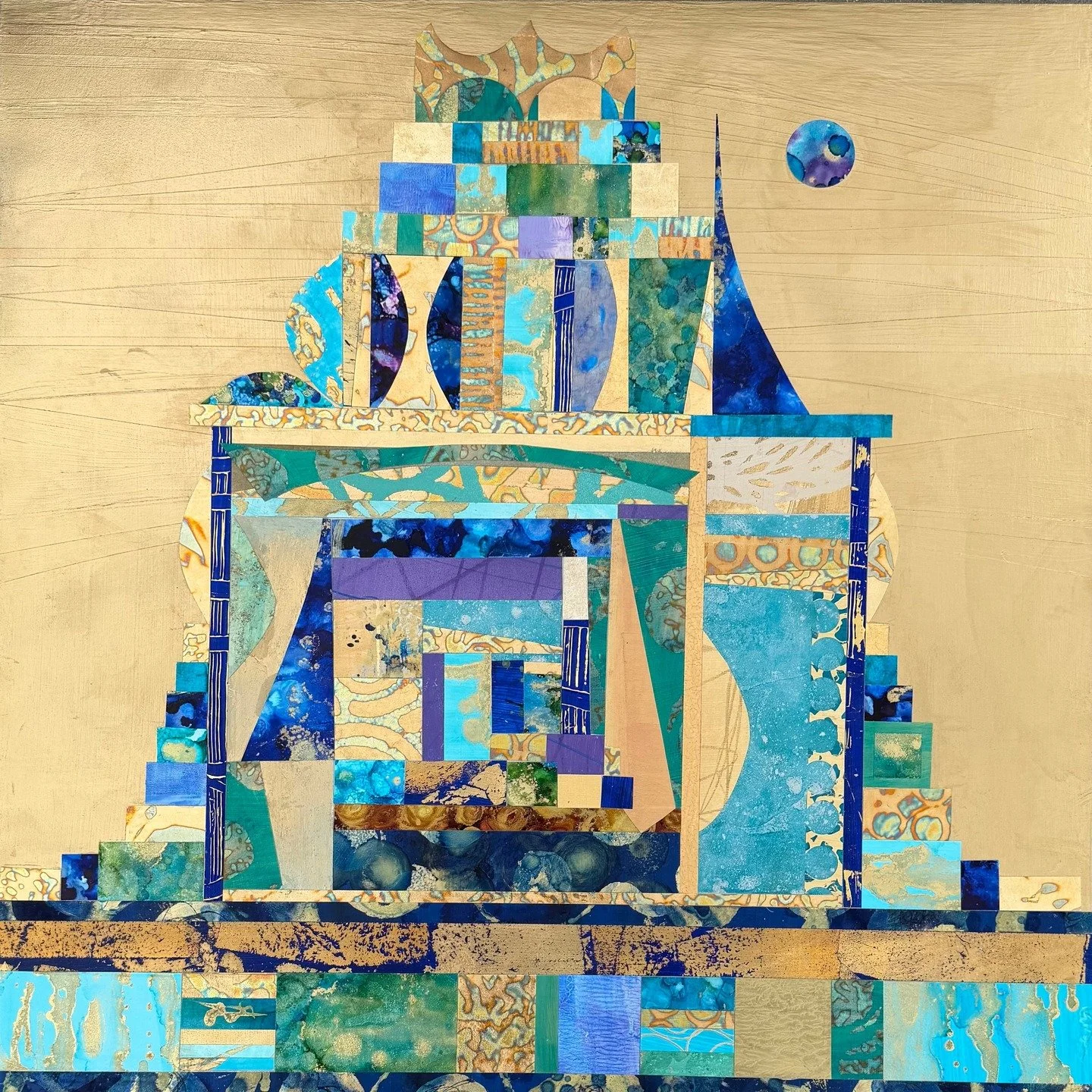 Castle by the Sea (24&rdquo; x 24&rdquo;)

This is one of my newest pieces. It started with collage papers I made in the studio, building up layers of blues, turquoise, and gold. The structure slowly took shape as I worked, almost like assembling fra
