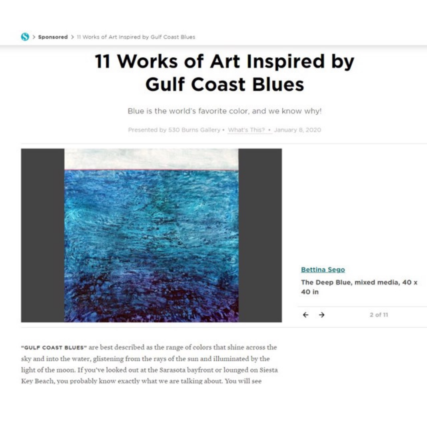 Image showing a painting inspired by Gulf Coast Blues, featuring deep blue mixed media art measuring 40 by 40 inches, created by Bettina Sego.