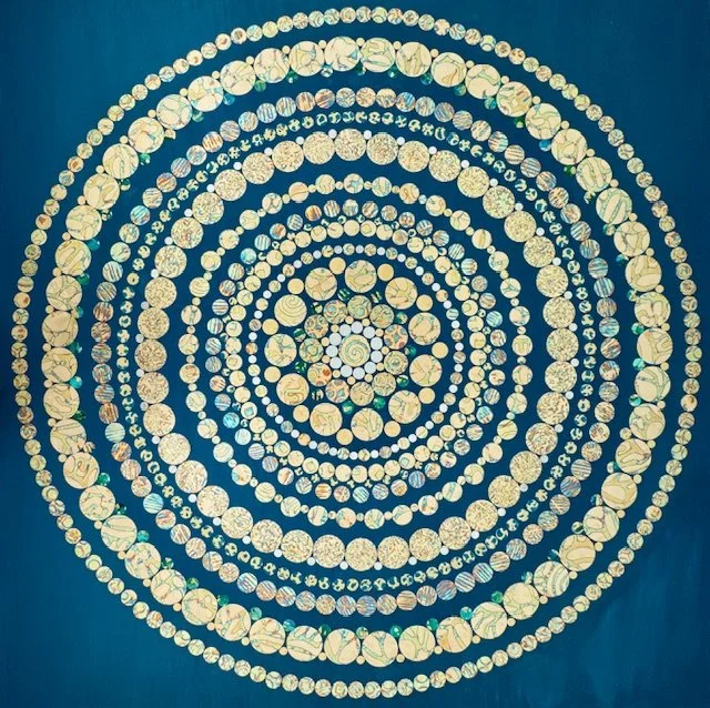 Circular mosaic design with intricate patterns on a blue background.