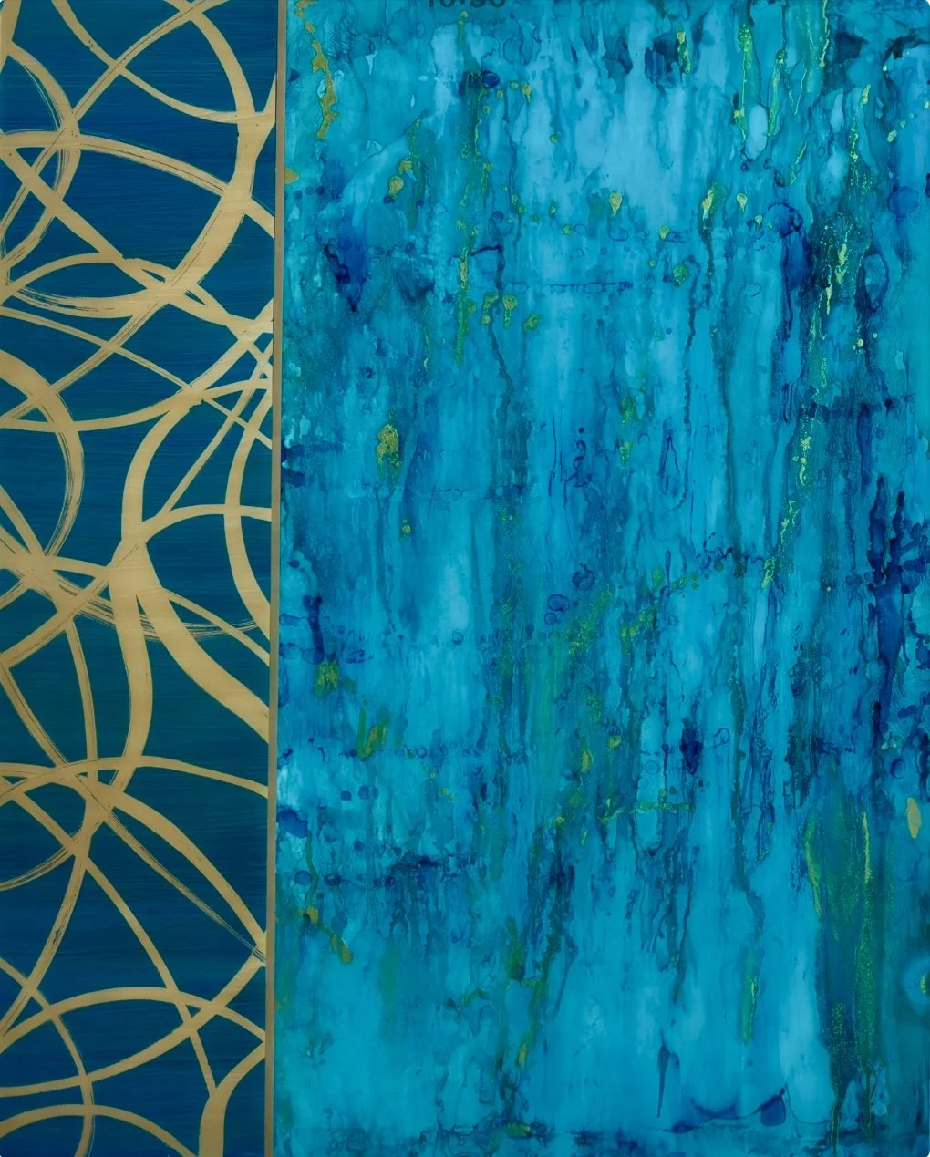 Abstract painting with blue, green, and yellow watercolors next to a panel with a geometric pattern of interconnected gold circles on a blue background.