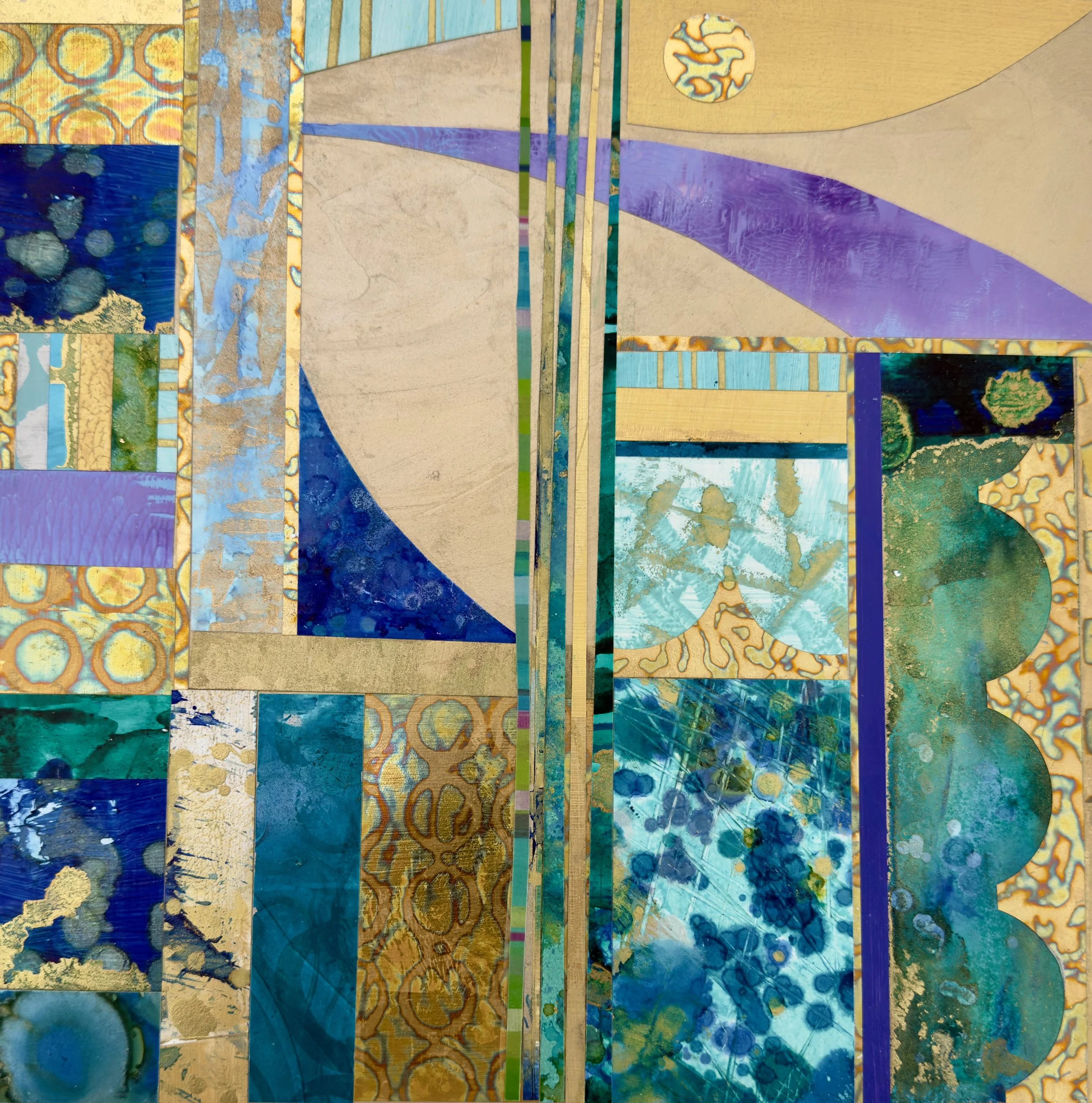 Abstract geometric artwork featuring a collage of various patterns, textures, and shades of blue, gold, and neutral tones, arranged in vertical and diagonal sections.