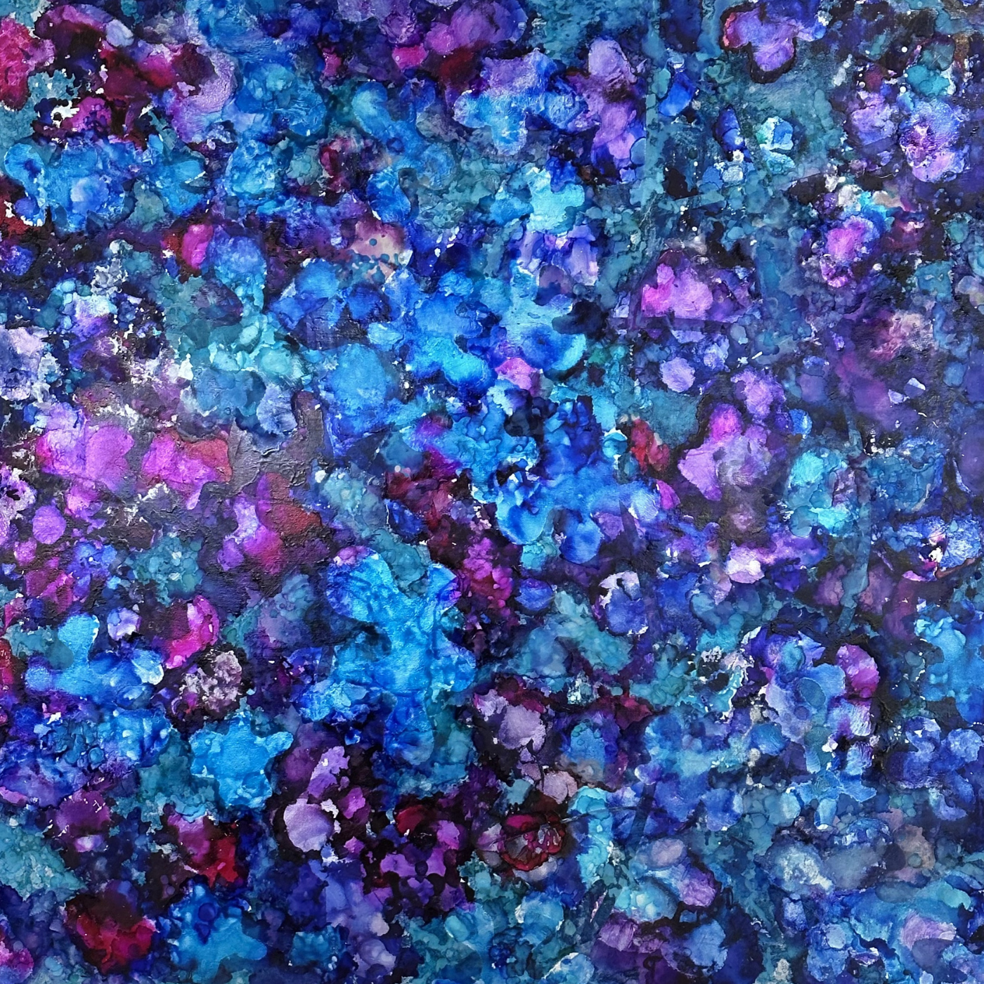 Midnight Bloom, MM on Board with Resin, 40x40, $4,800