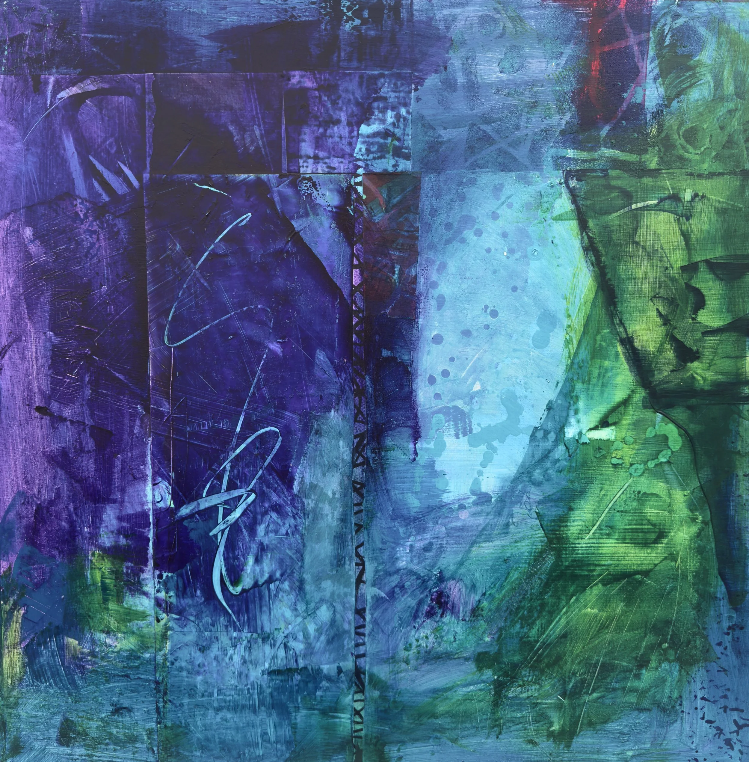 Abstract colorful painting with shades of blue, purple, and green, featuring textured brushstrokes, splatters, and overlapping geometric shapes.