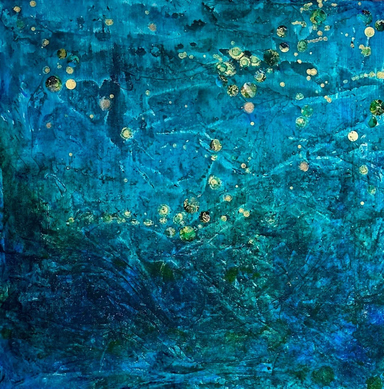 Abstract painting with blue and green hues featuring circular spots and swirling patterns.