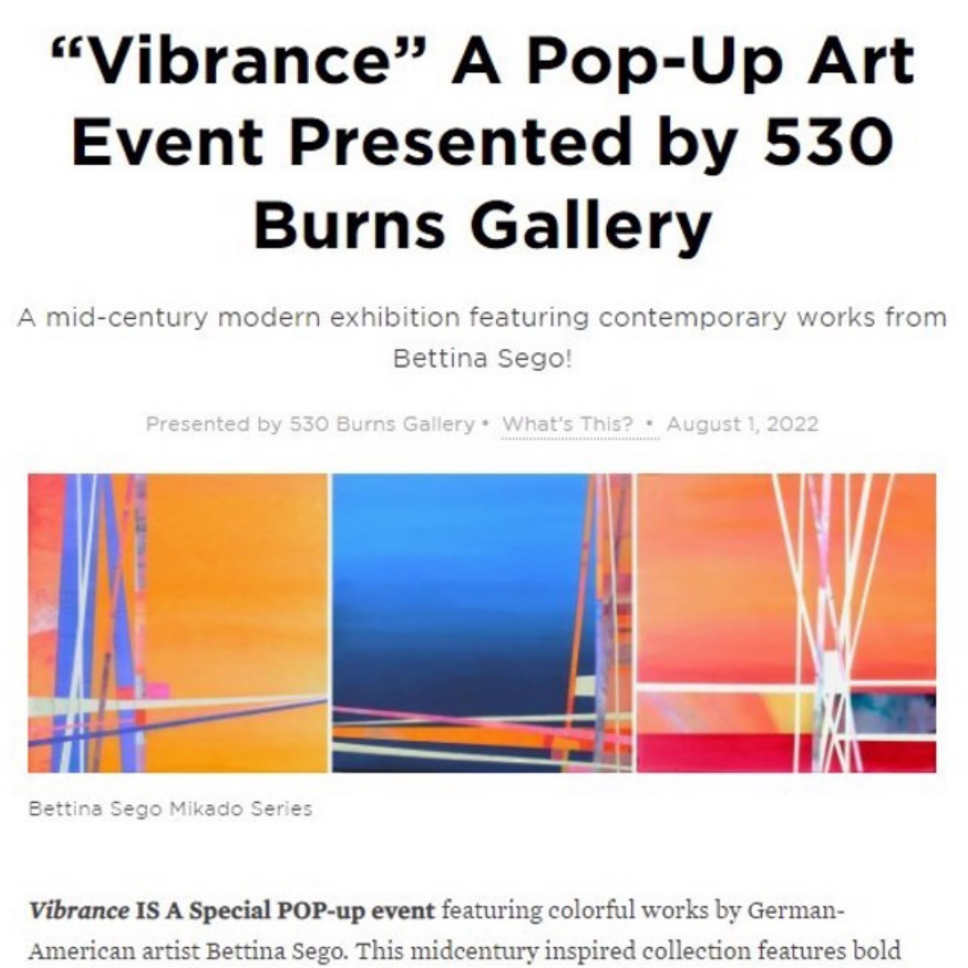 Exhibition flyer for 'Vibrance,' a pop-up art event presented by 530 Burns Gallery on August 1, 2022. The flyer features a colorful abstract artwork from Bettina Sego's Mikado Series.