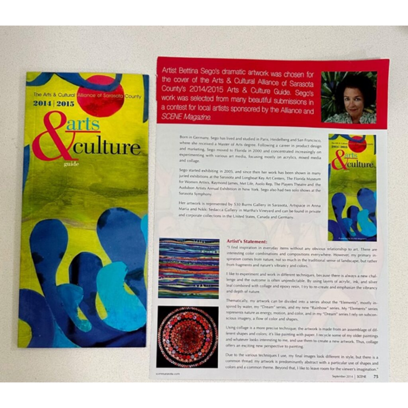 A page from the Arts & Culture guide featuring an image of colorful abstract artwork, a portrait of artist Bettina Sego, and text about her biography and artistic statements.