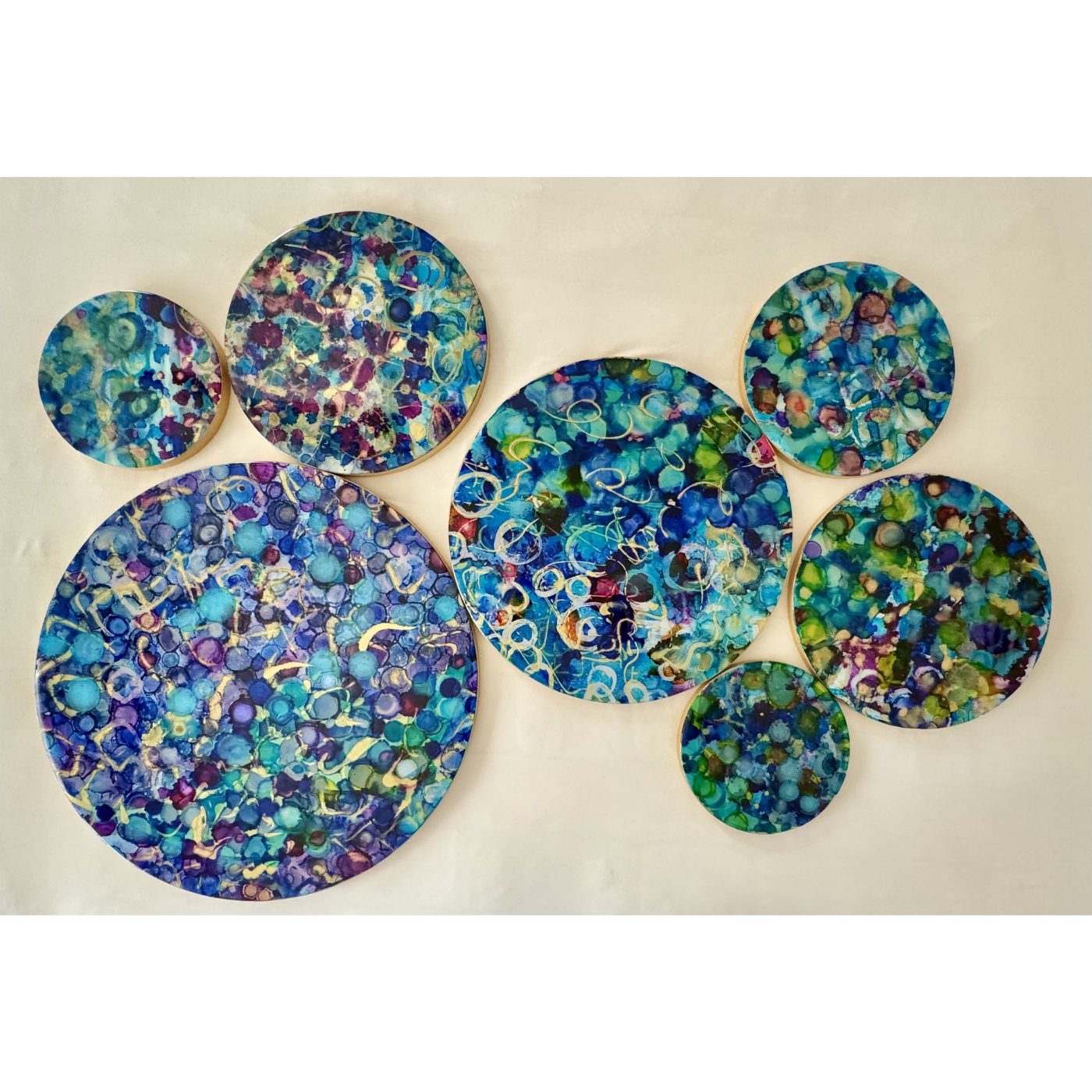 Eclipse, series of 7, 1 20x20, 1 16x16, 2 12x12, 1 10x10, 2x8x8 inches, MM on Maple Board with Resin, $6,950