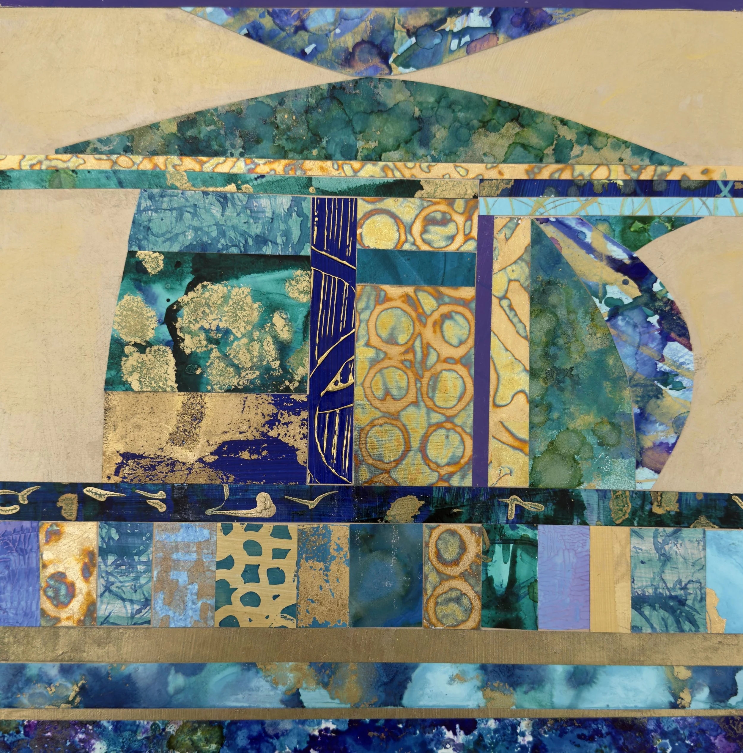 Abstract collage art with geometric shapes, blue, green, purple, and gold colors, featuring textured patterns, circular designs, and layered paper elements.