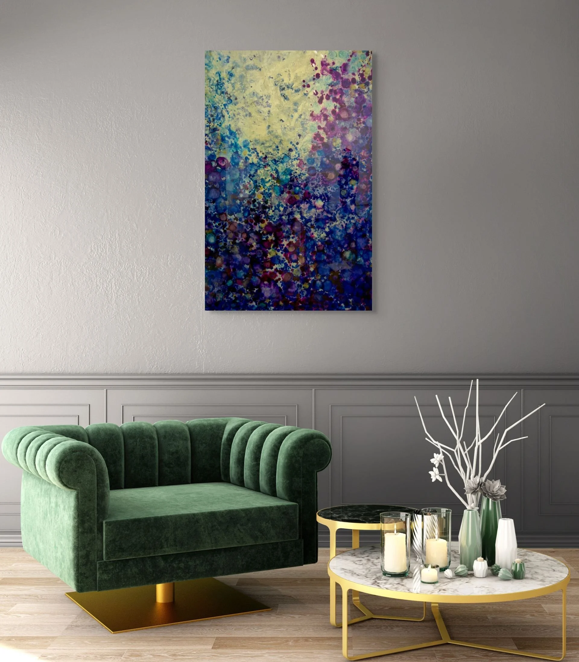Living room with a green velvet armchair, a marble-top coffee table with gold legs, decorative candles, and vases with branches and flowers, and an abstract wall art in shades of blue, purple, and yellow.