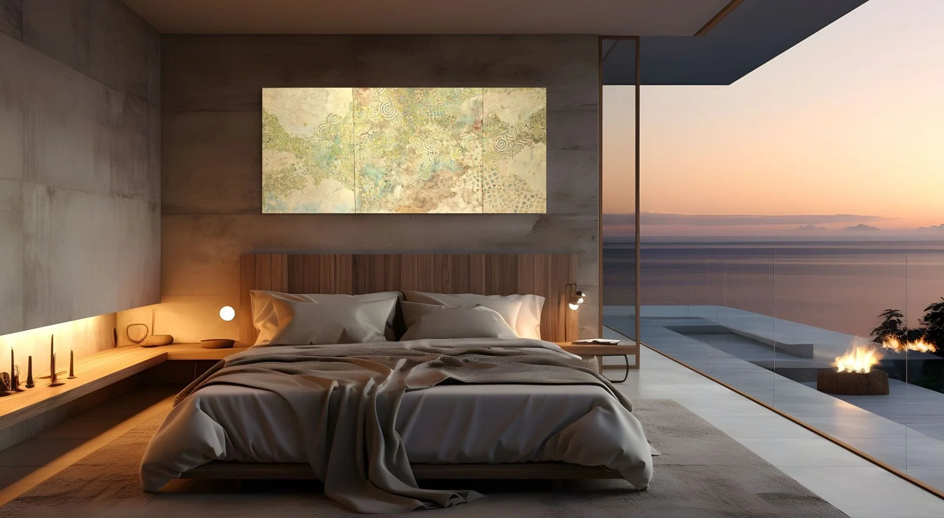 Modern bedroom with large glass window showing a sunset view, a bed with beige bedding, a wood-paneled headboard, abstract wall art, and a small bedside table with a reading lamp.