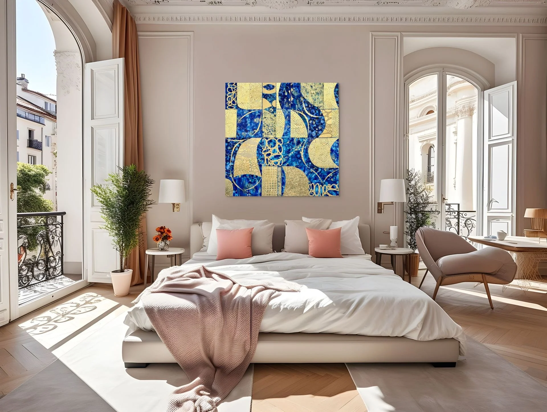Bright bedroom with open French doors leading to a balcony, featuring a white bed with pink pillows, a blanket, a small white side table, a vase with flowers, potted plants, paintings, and elegant furniture.