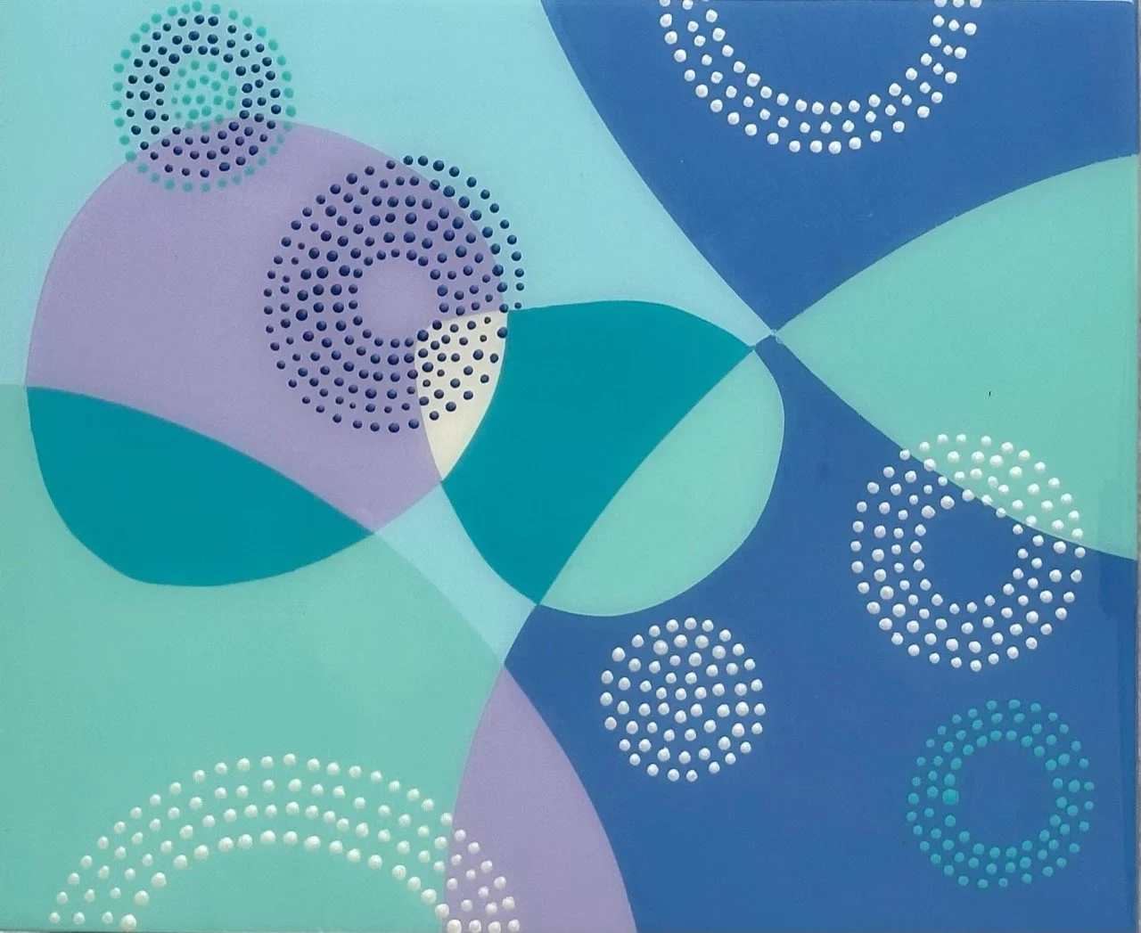 Abstract geometric painting with overlapping circles and dotted patterns in shades of blue, purple, and green.