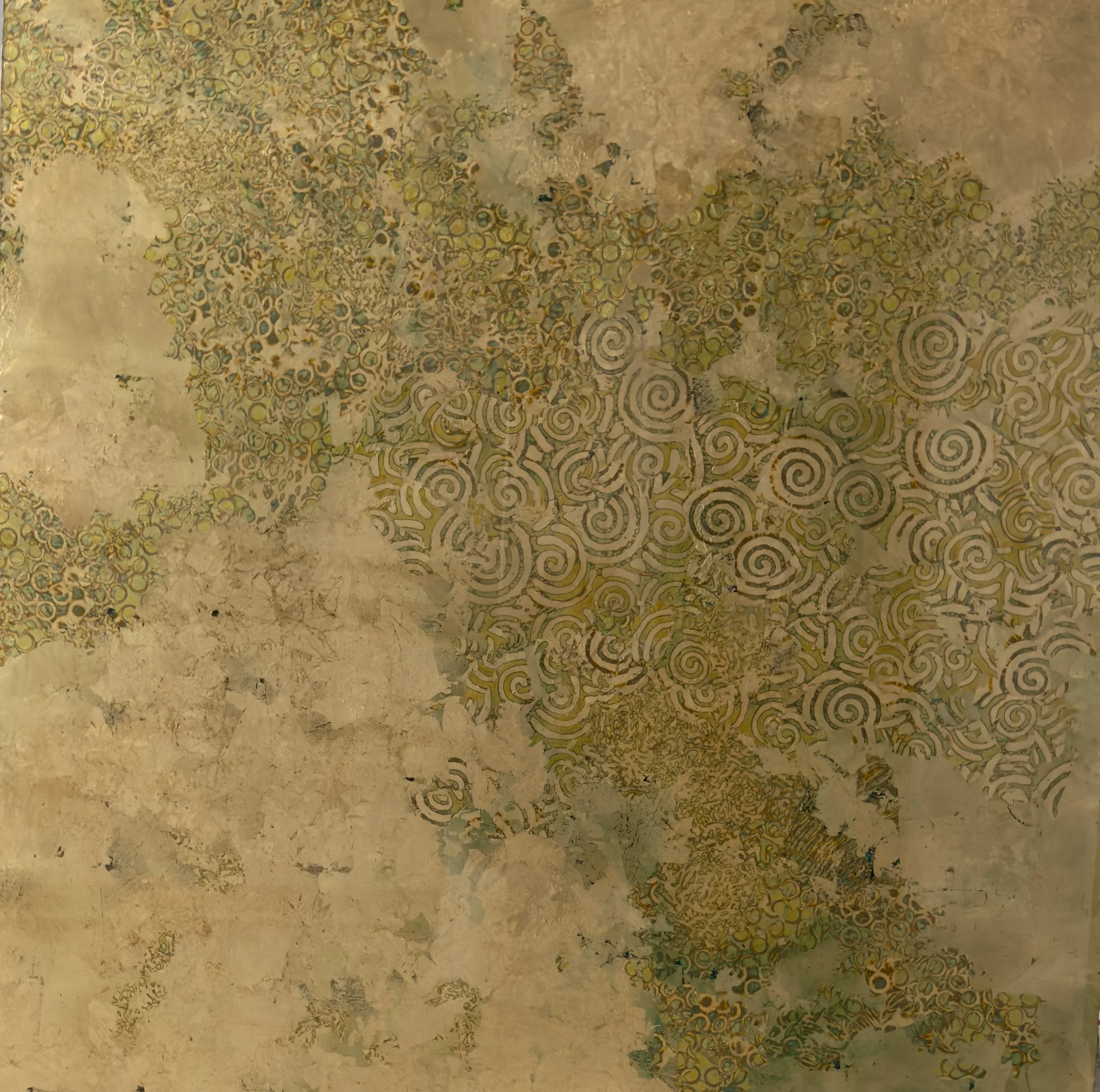 Ancient, abstract artwork with gold, beige, and dark green tones featuring intricate swirling and circular patterns.