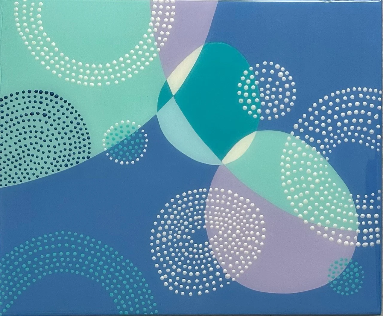Abstract painting with overlapping circles in shades of blue, green, and purple, with dotted patterns inside some circles.