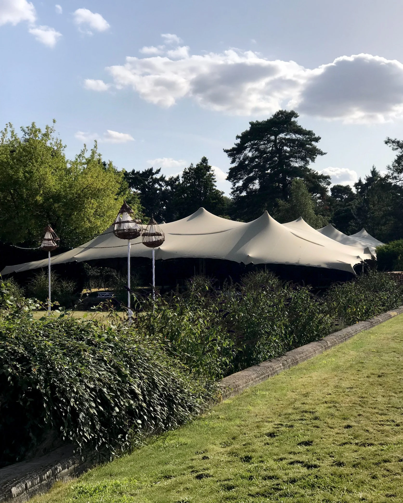 A large white stretch tent with pointed peaks set up outdoors among trees and bushes on a sunny day.