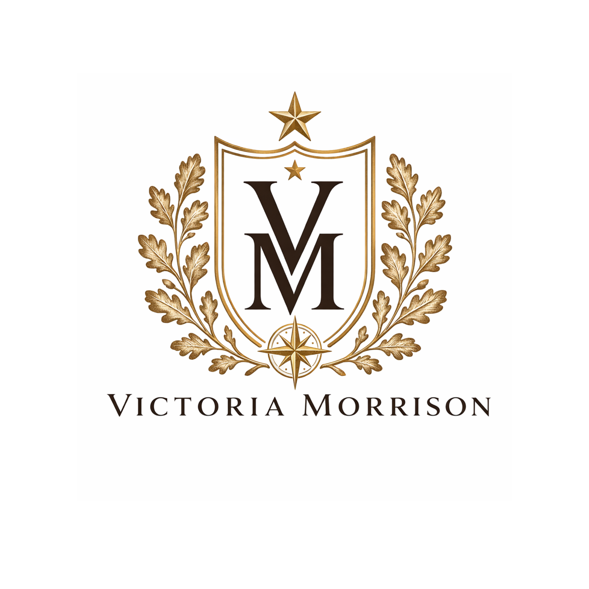 Logo featuring a shield with a star at the top, an ornate compass at the bottom, and a laurel wreath on each side. The initials 'V' and 'M' are centrally displayed on the shield, with the name 'Victoria Morrison' below.