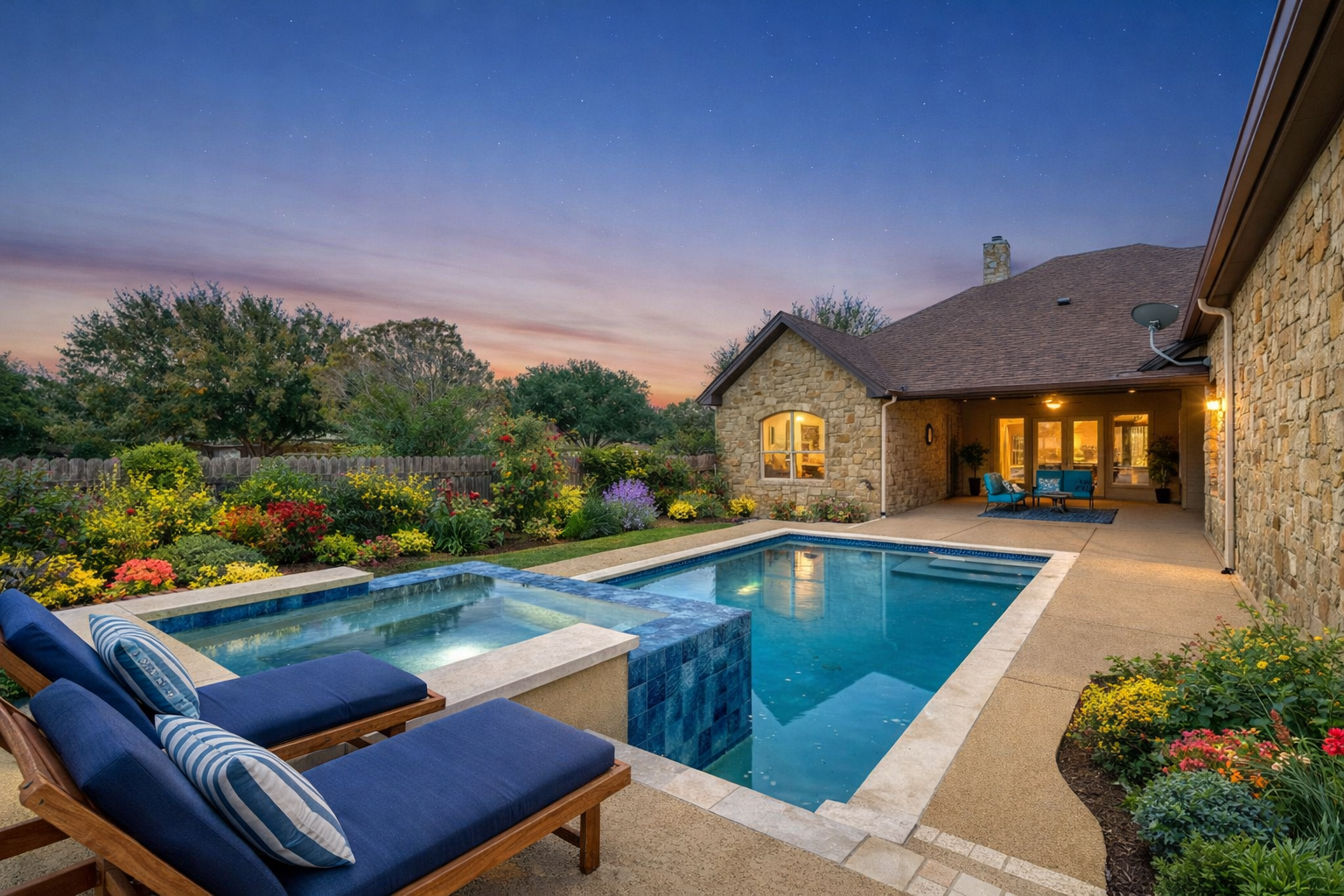 Backyard with swimming pool, hot tub, colorful garden, outdoor furniture, and a house with stone walls and large windows at sunset.