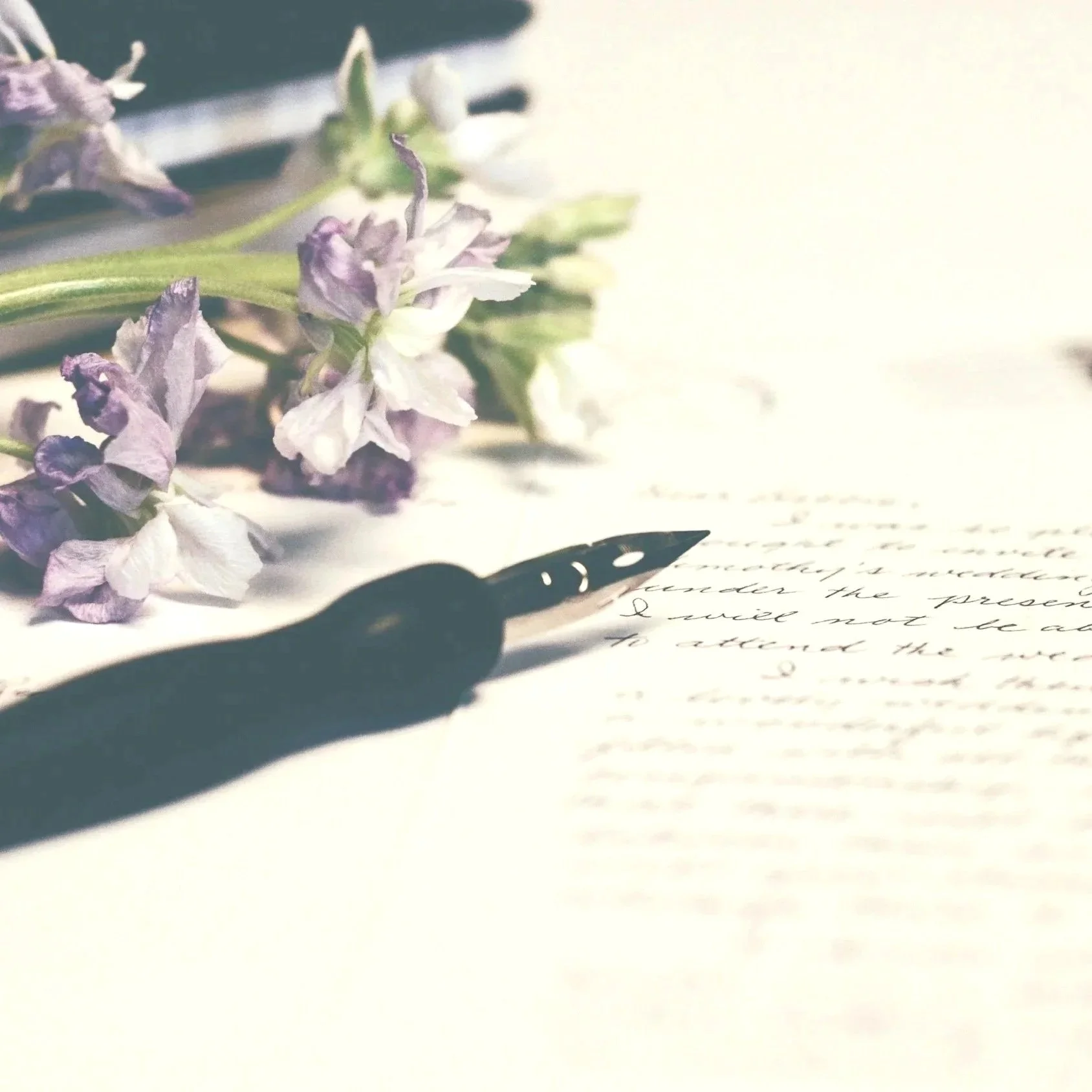 A black calligraphy pen with a decorative nib resting on handwritten letter paper beneath a small bouquet of wilted purple and white flowers on a white surface.