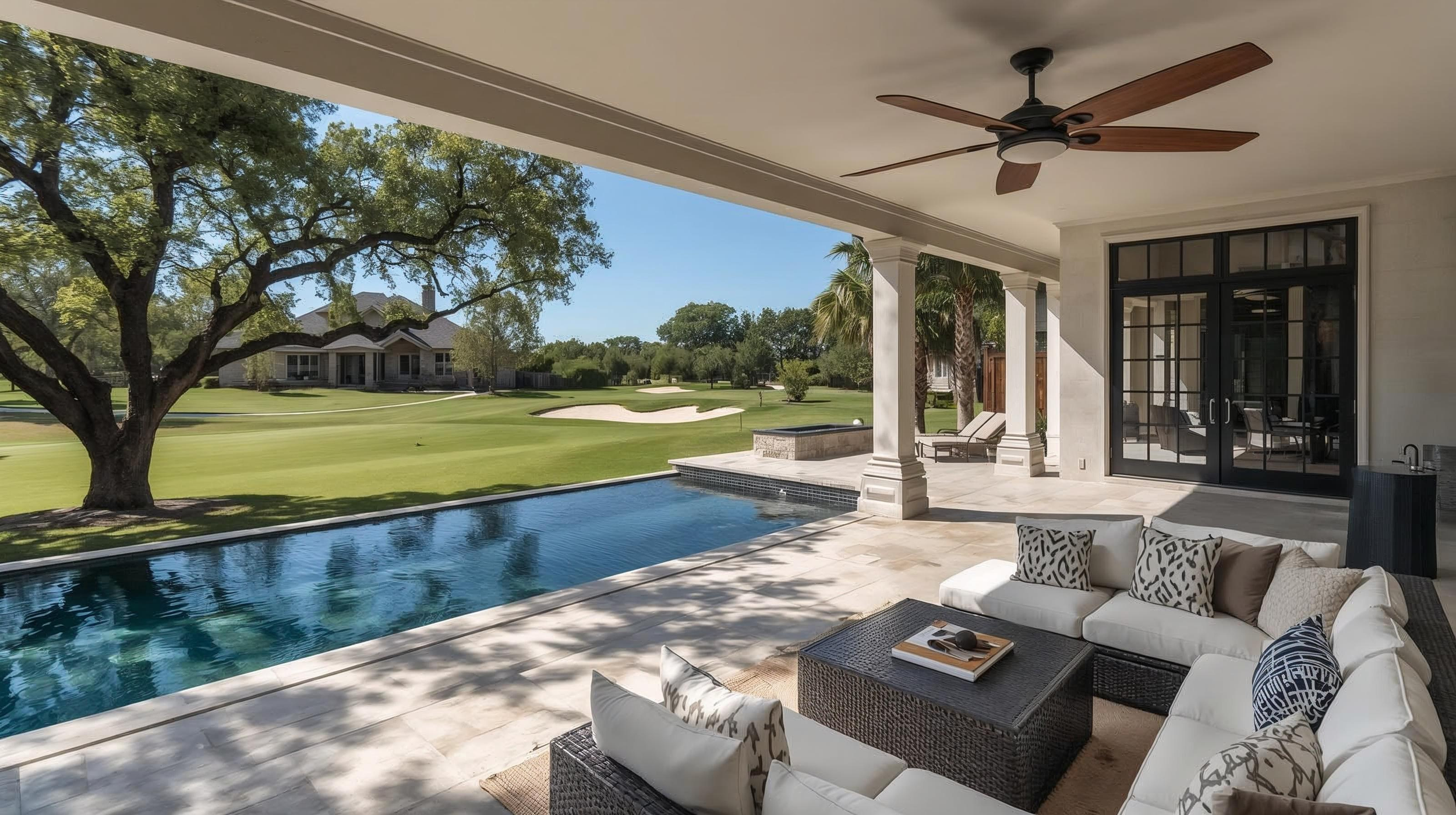 Outdoor patio with wicker sofa and pillows, swimming pool, golf course with trees, sand traps, and a house in the distance.