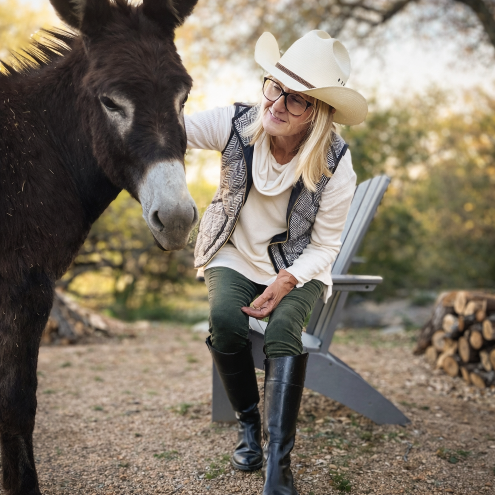 A woman in a cowboy hat and glasses sitting on a bench, petting a black donkey outdoors in a farm setting during the daytime.