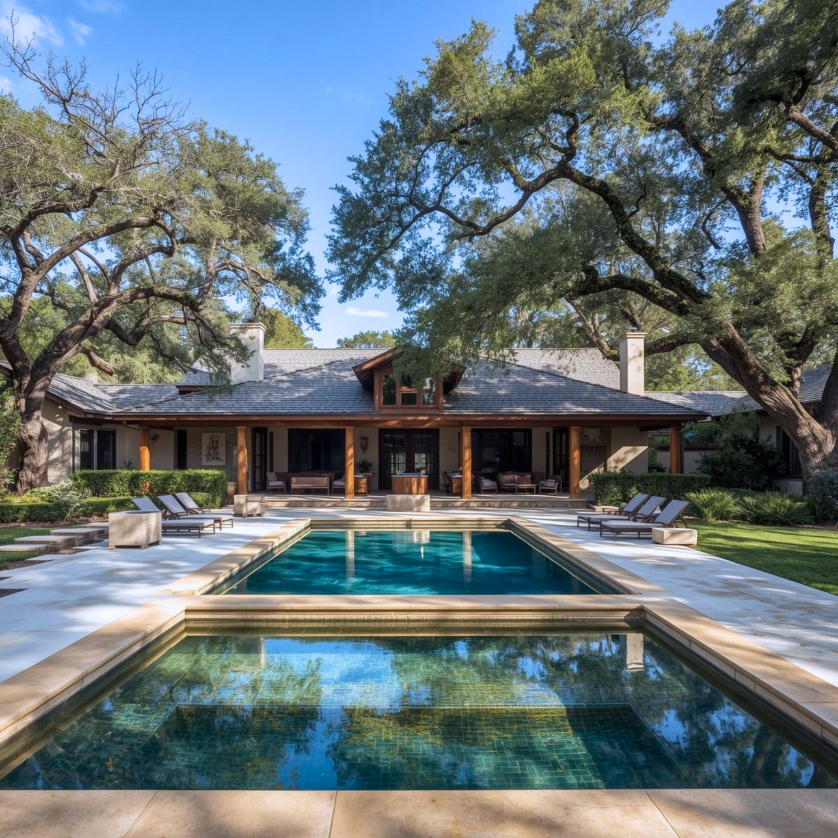 A backyard view of a house with a pool surrounded by lounge chairs, trees, and a wooden patio with outdoor furniture.