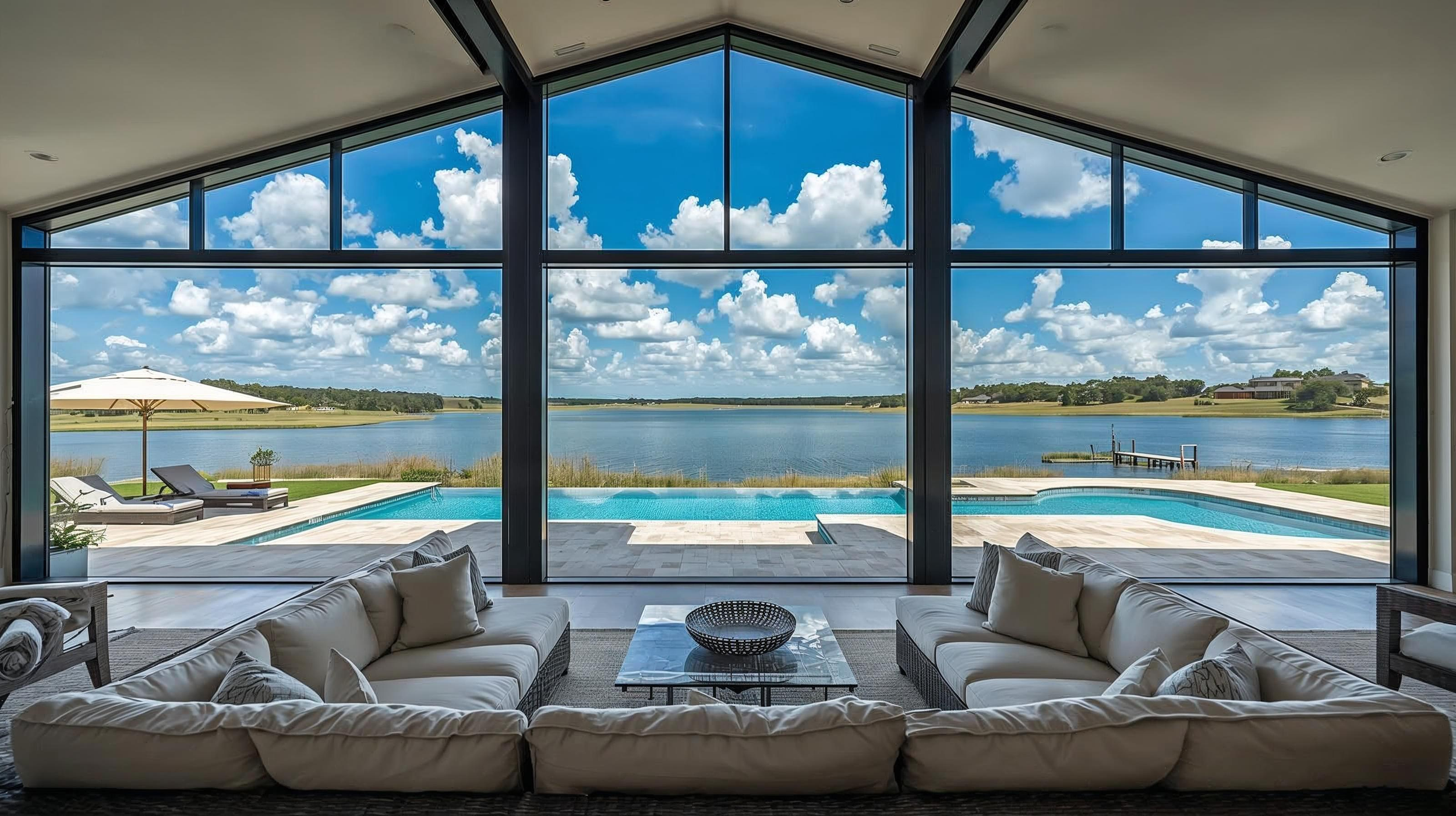 Living room with large floor-to-ceiling windows overlooking a lake, swimming pool, and patio with lounge chairs and umbrella.