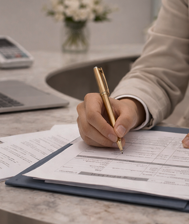 Pessoa escrevendo em um formulário ou documento no escritório.