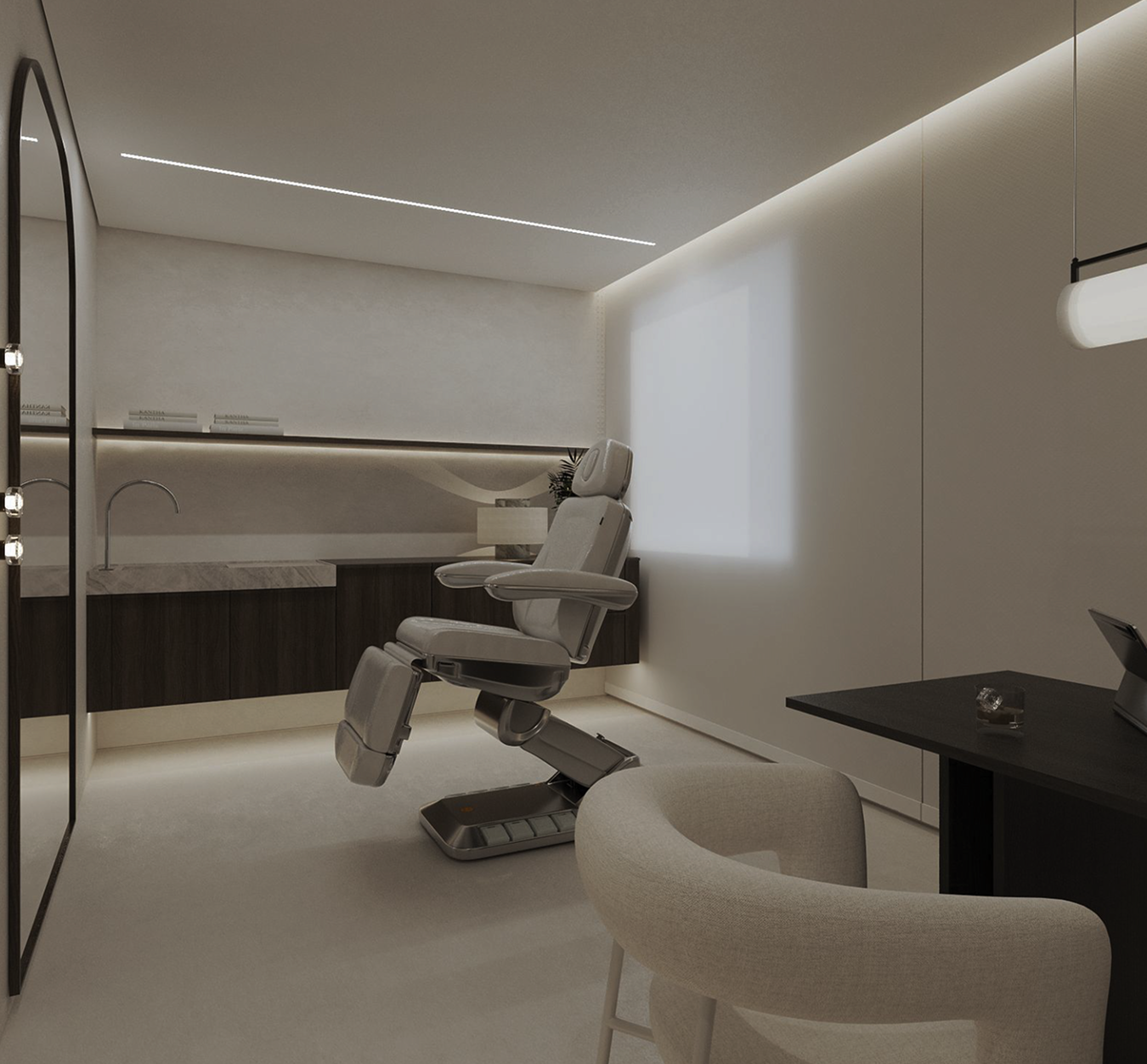 Sala de consulta médica moderna com cadeira de exame, mesa de apoio, iluminação suave e decoração minimalista.