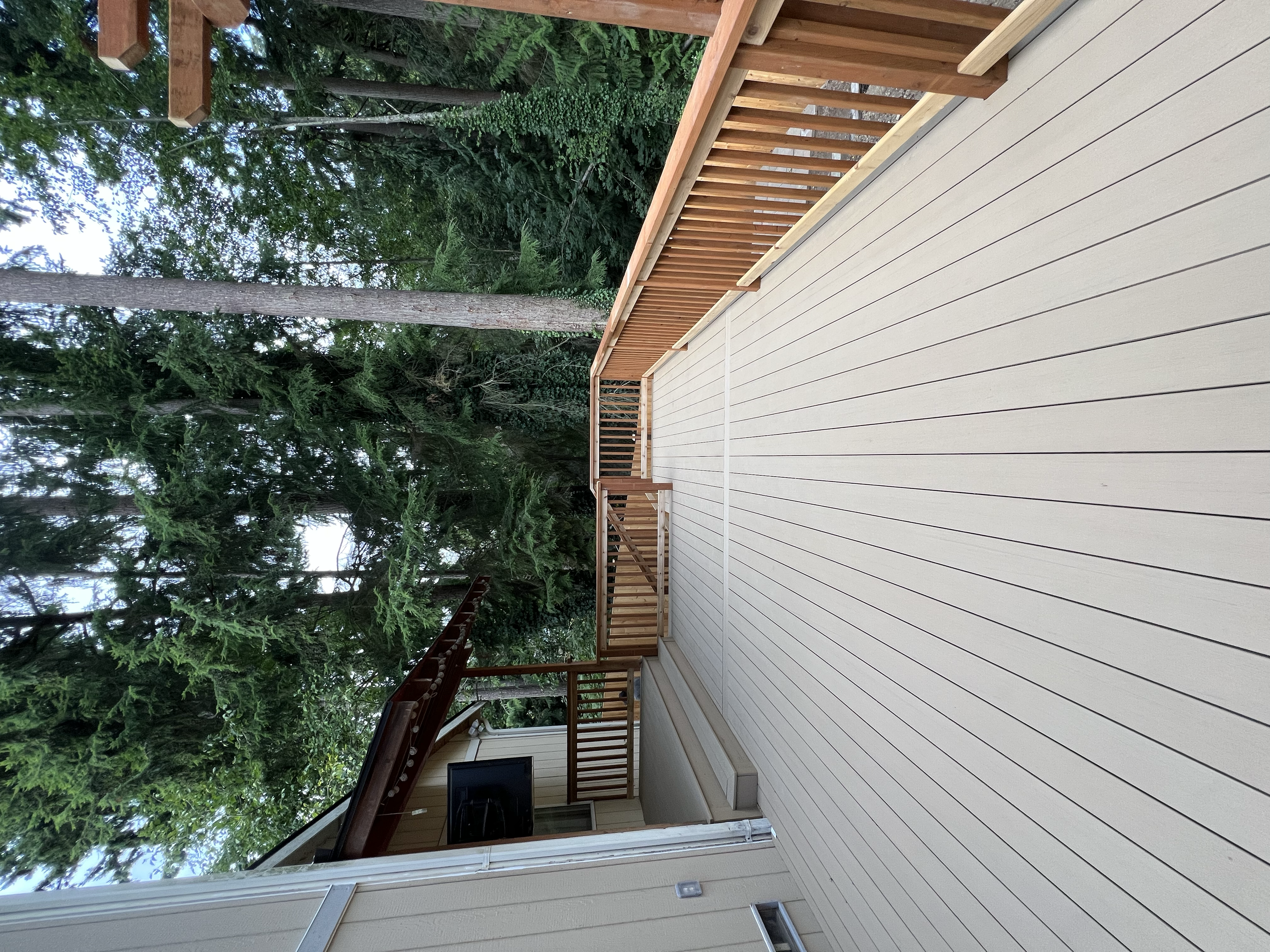A spacious outdoor wooden deck attached to a house, with railing, surrounded by tall green trees.
