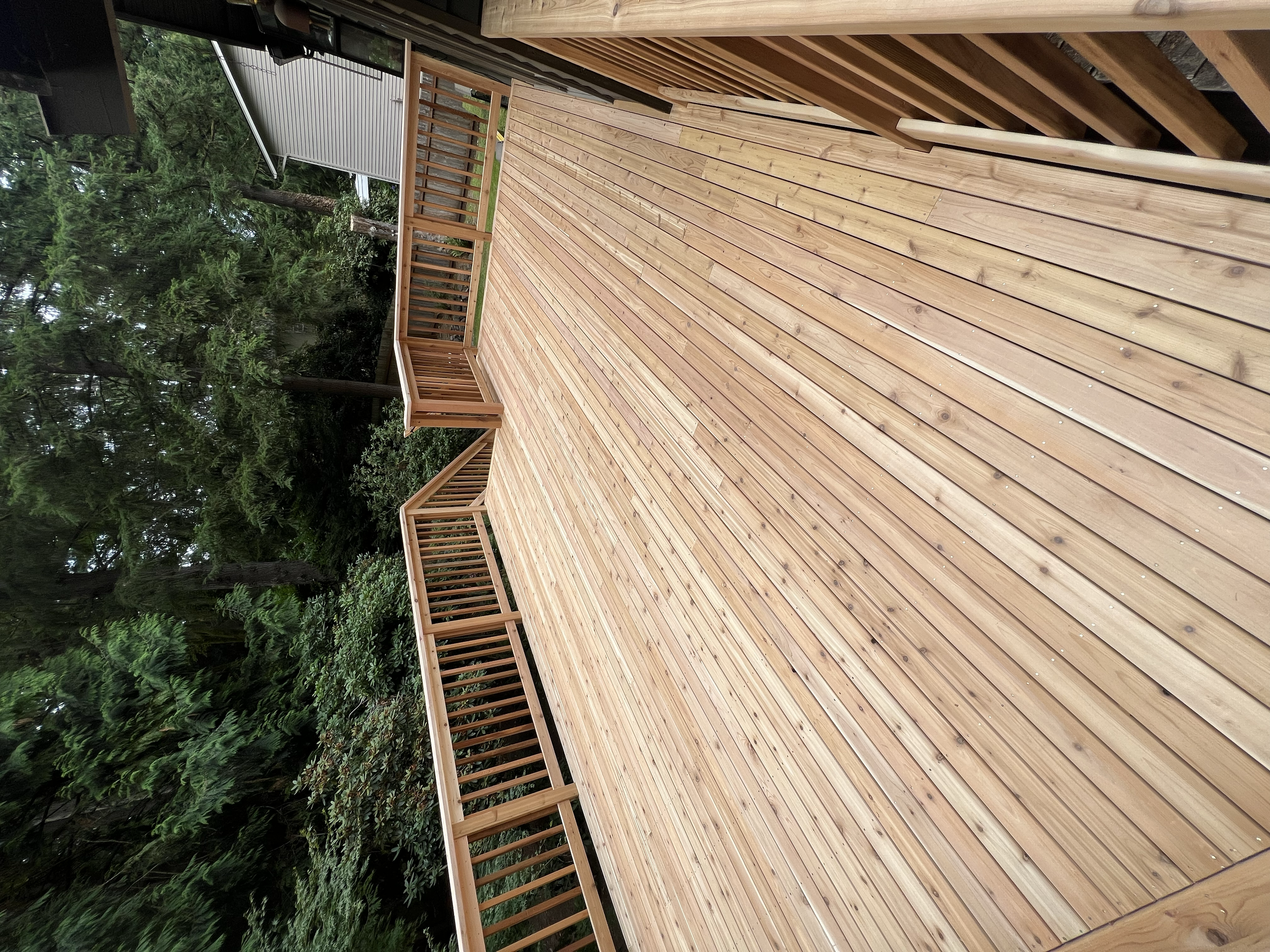 View of a new wooden deck with a railing, surrounded by green trees and foliage.